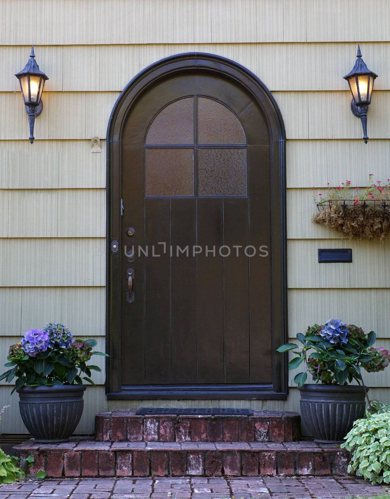 Black home door with arched top with two laterns