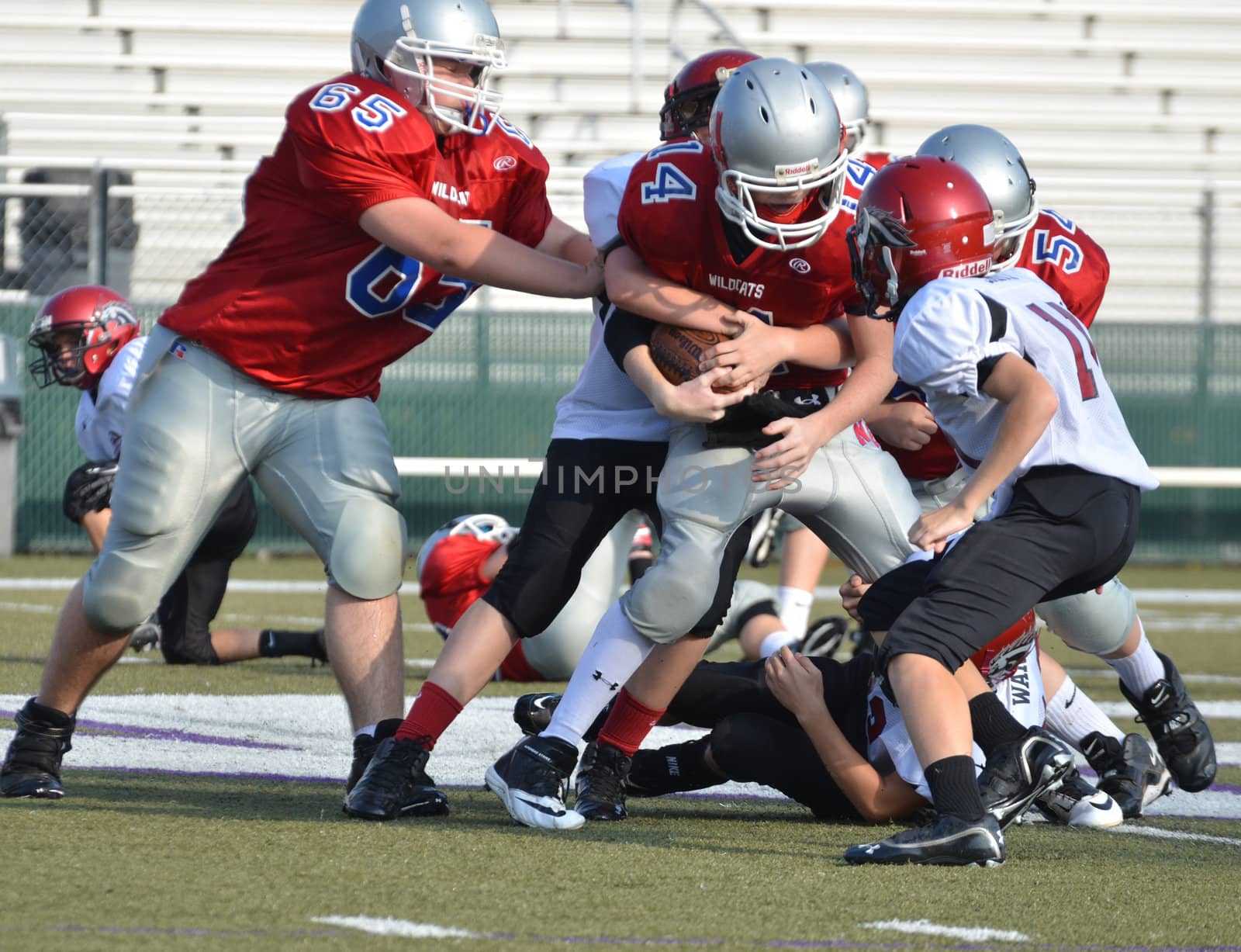 CUMMING, GA/USA - SEPTEMBER 8: Unidentified boys blocking and tackling during a football game. Two teams of 7th grade boys September 8, 2012 in Cumming GA. The Wildcats  vs The Mustangs.