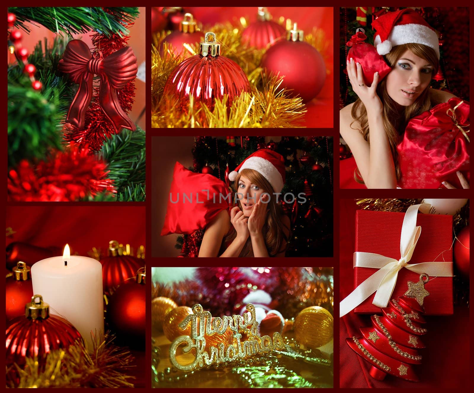 Red collage of Christmas related theme, decorations, winter holiday gifts and woman Santa Helper