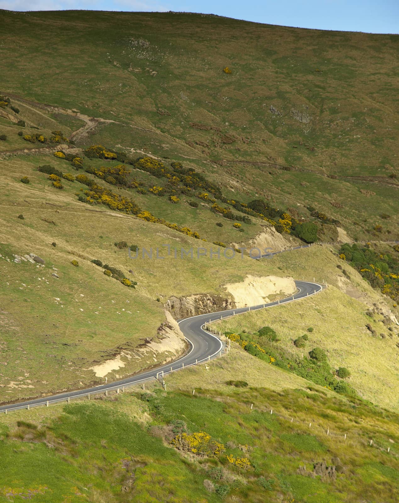 The road with curve goes to the mountain near Dunedin, New Zealand