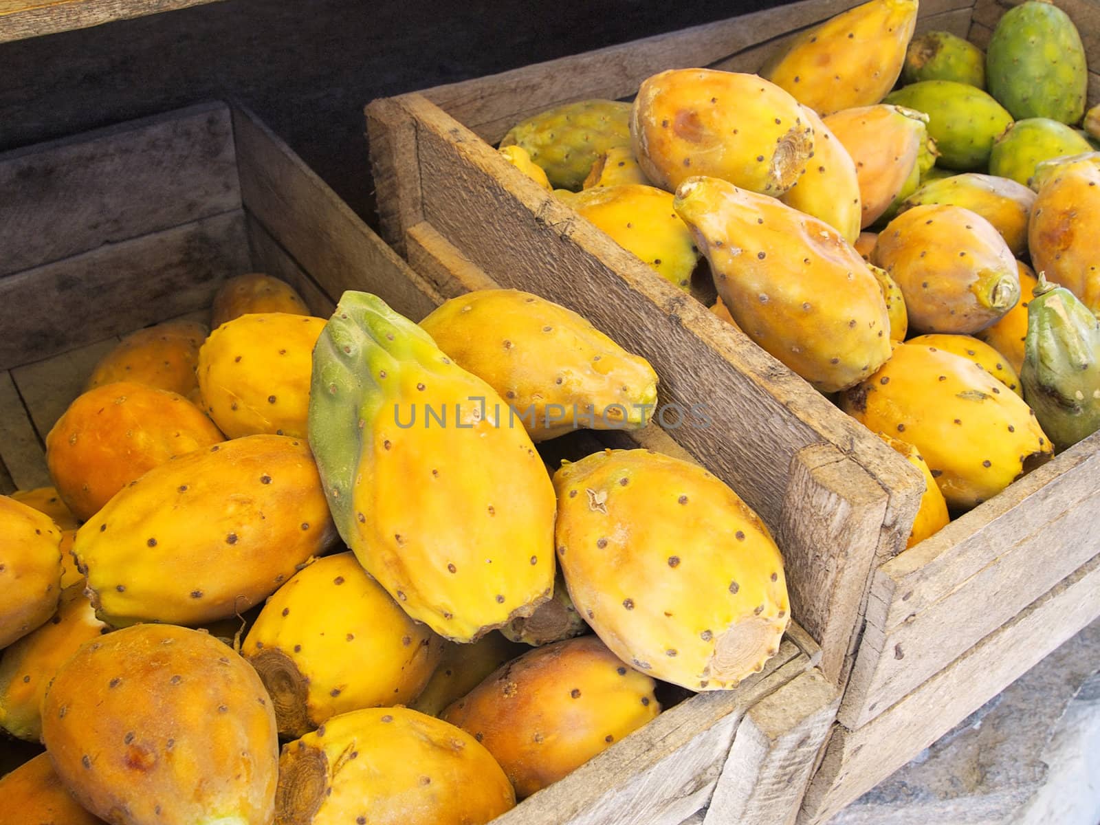 Cactus fruit in crate in Peru market