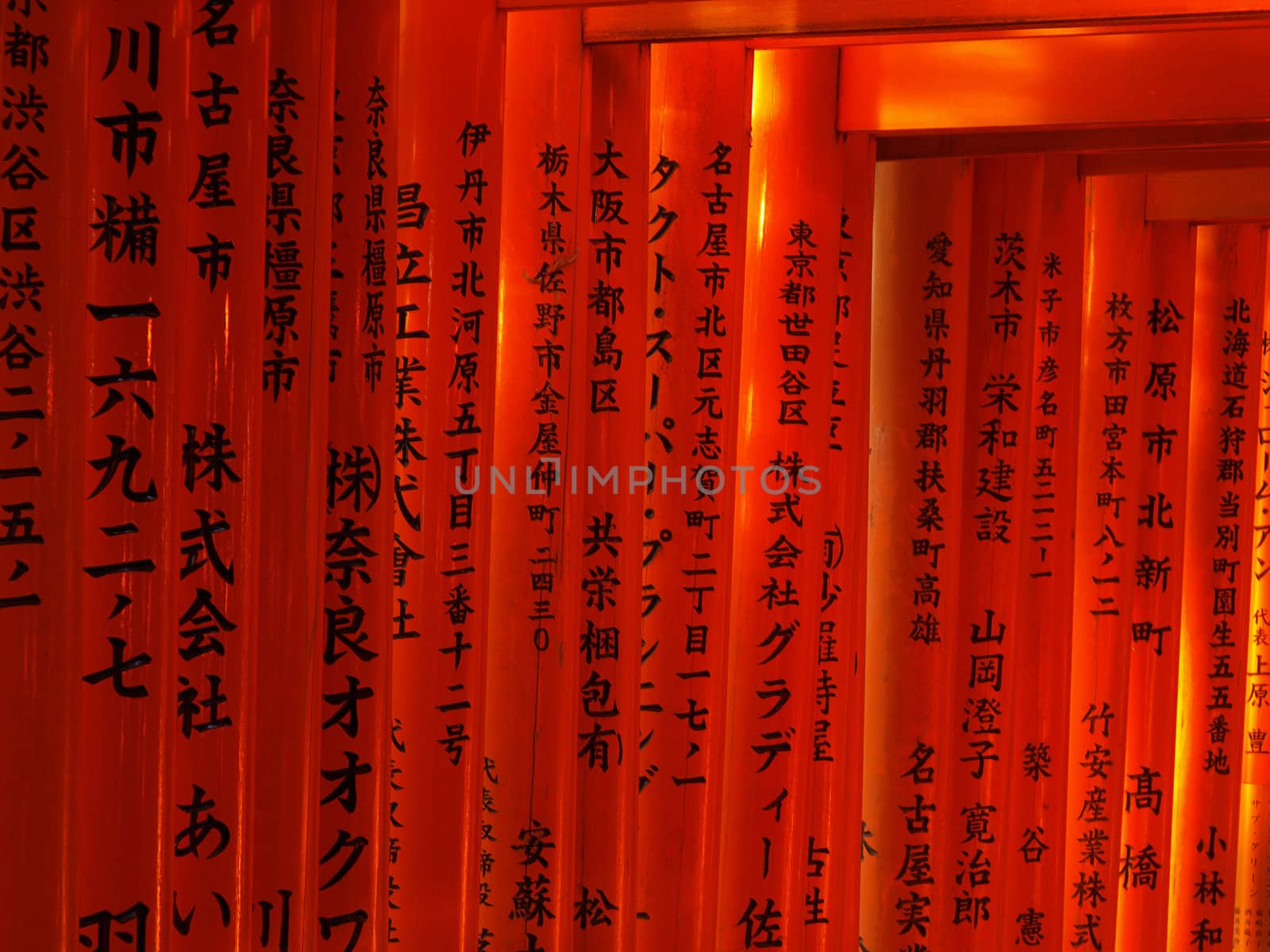 Column of Torii gate at Fushimi Inari Shrine in Kyoto, Japan