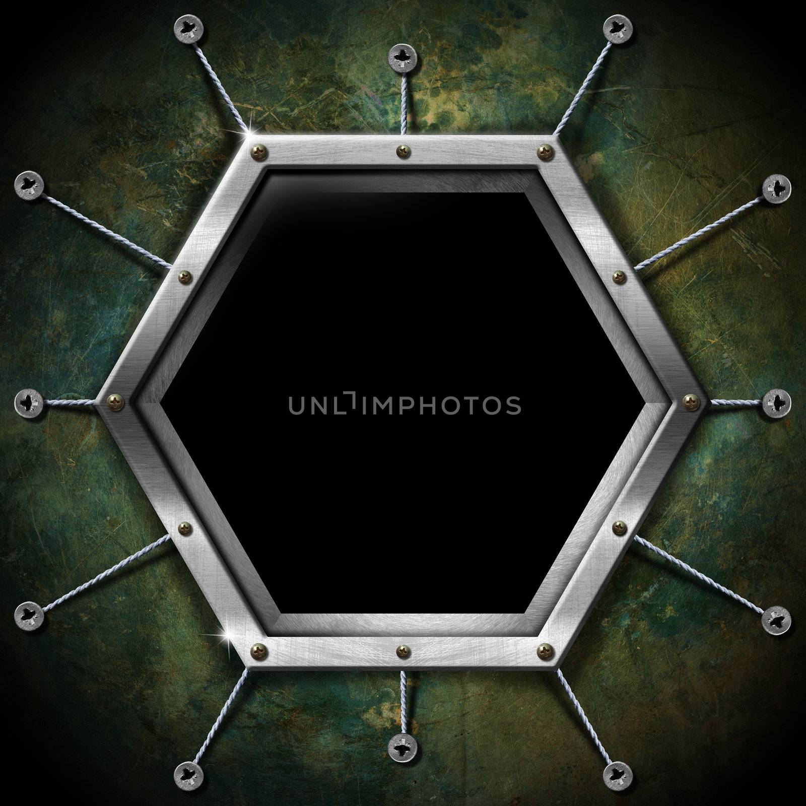 Empty metallic hexagonal frame on a grunge green background


