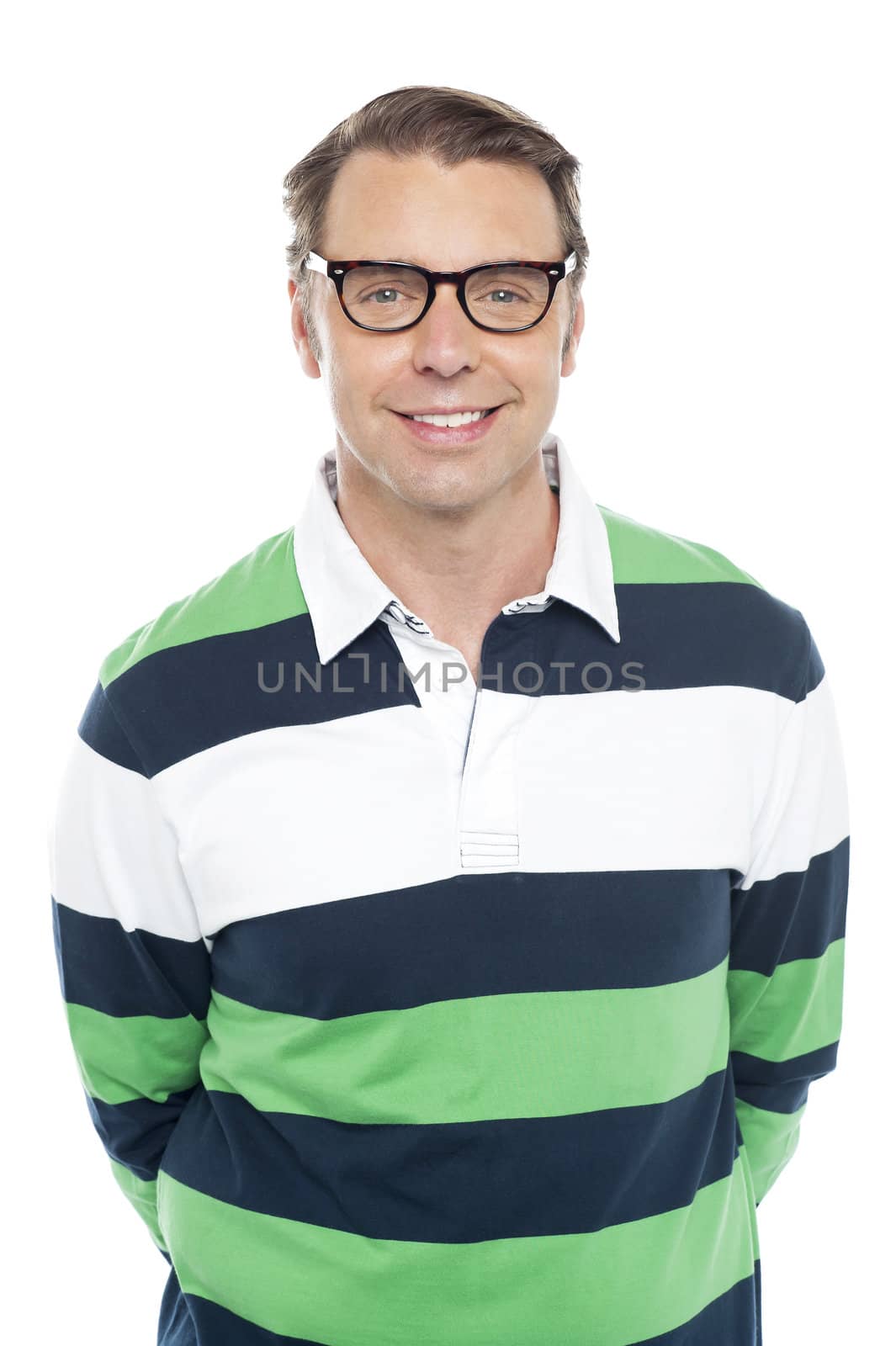 Smiling caucasian fashion guy wearing glasses, closeup portrait