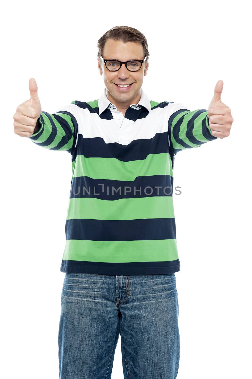 Cool guy showing double thumbs up to camera isolated over white background