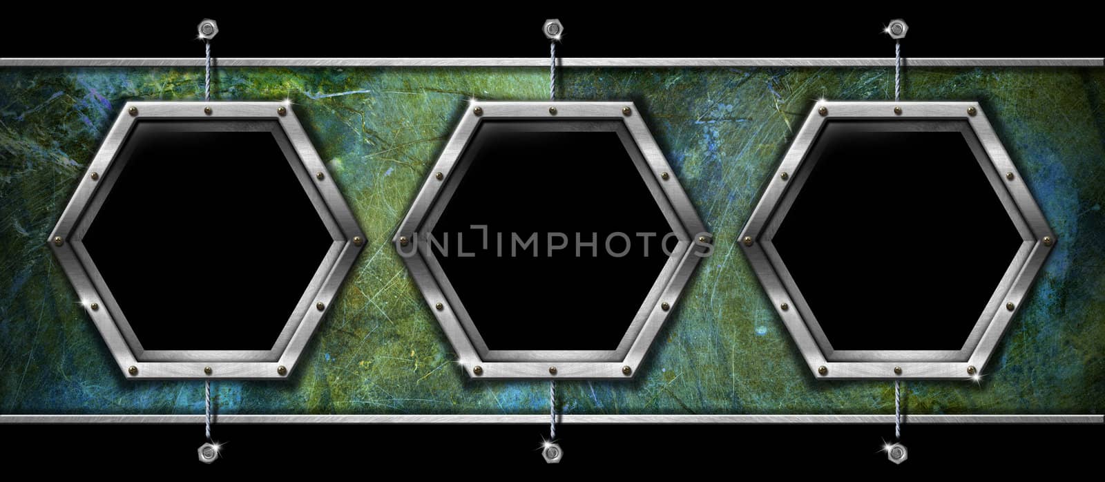 Horizontal and grunge background with three hexagonal metallic frames

