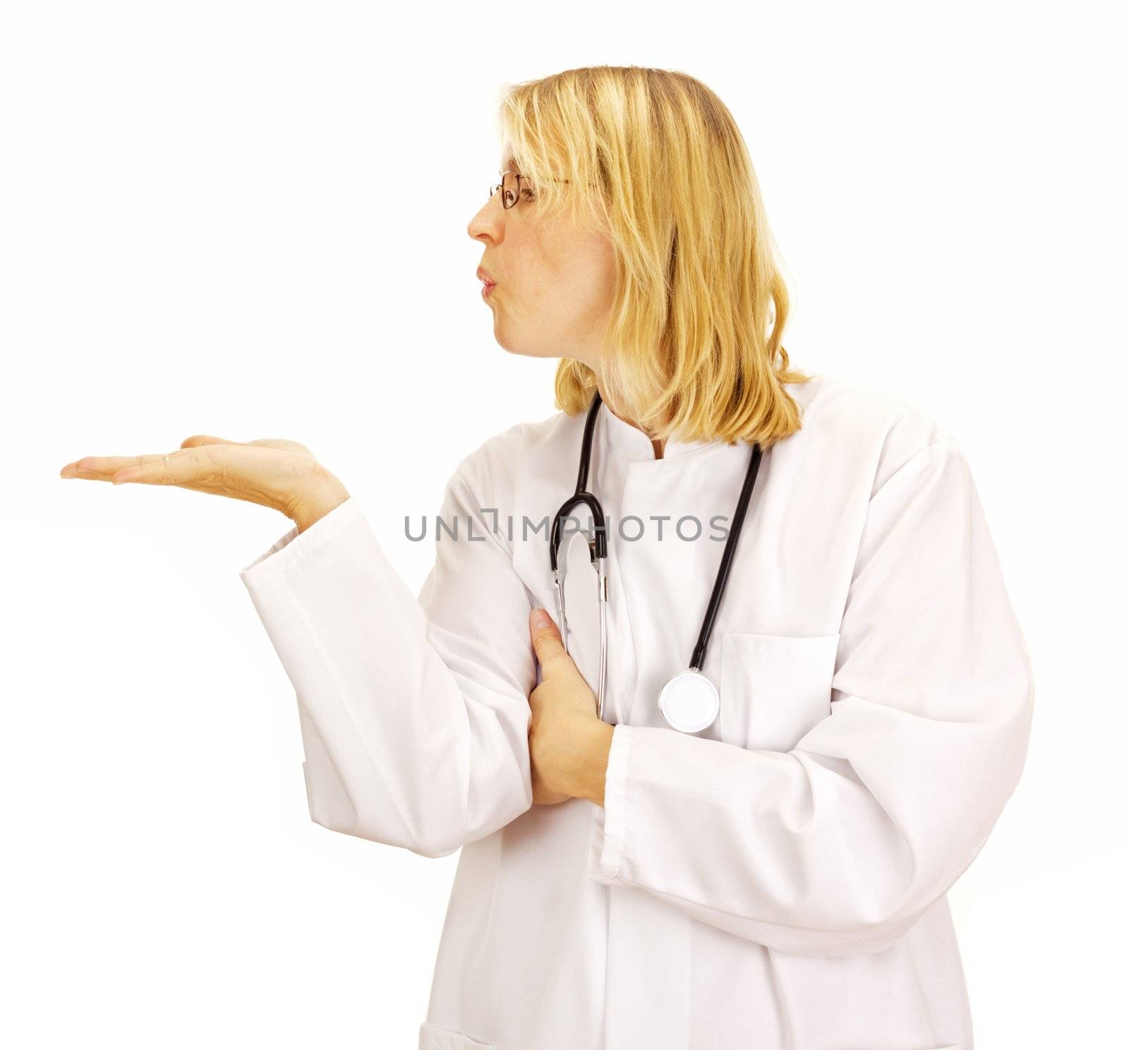 Doctor  showing, giving or presenting something