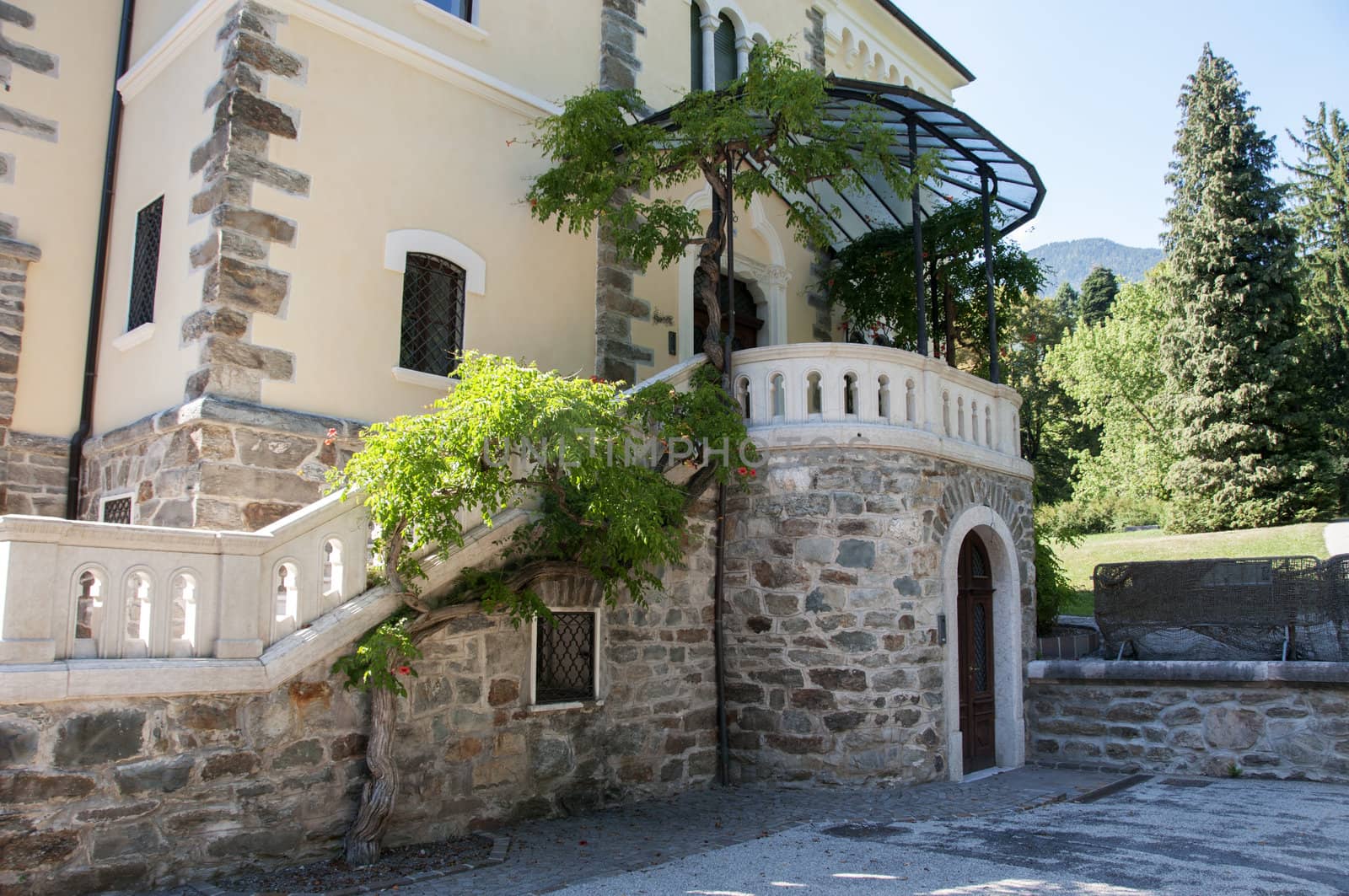 entrance of a big house in Italy with stairs and green plants