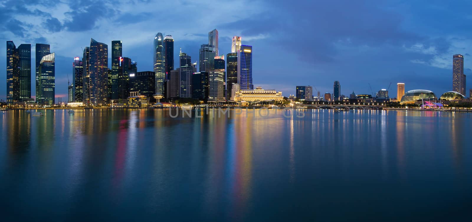 Singapore City Skyline along Singapore River Panorama at Blue Hour