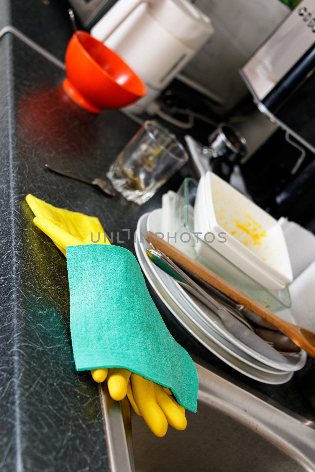 Dirty dishes in a kitchen by dutourdumonde