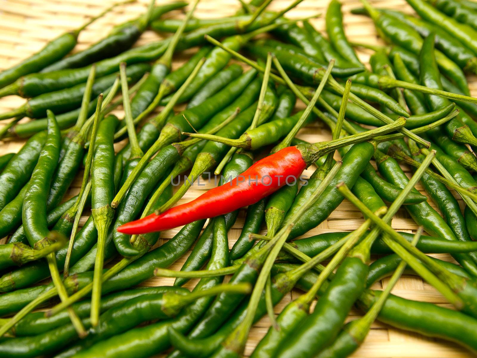 Red chili on green chili by gjeerawut