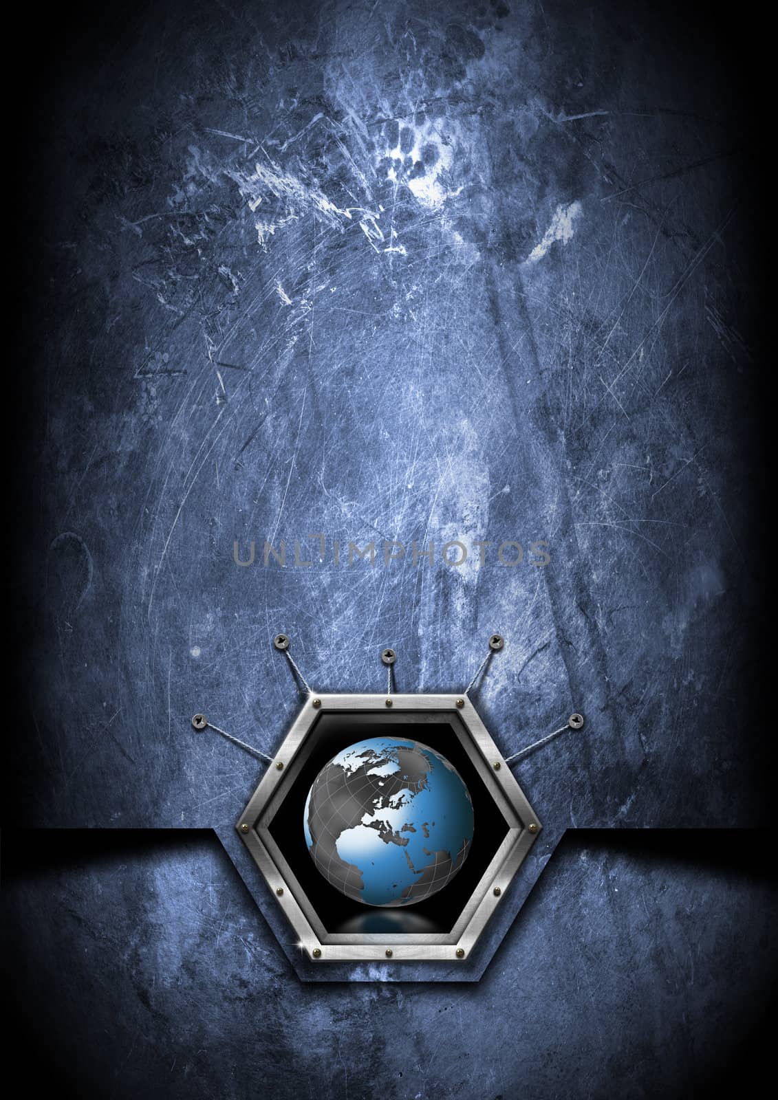 Blue and black grungy business background with terrestrial globe


