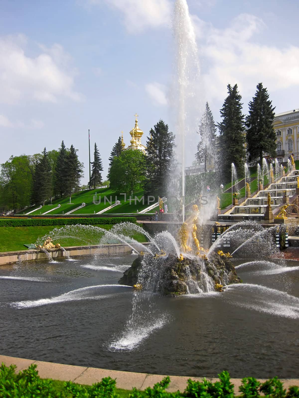 View of fountain and channel of Lower Park, Peterhof, Russia.