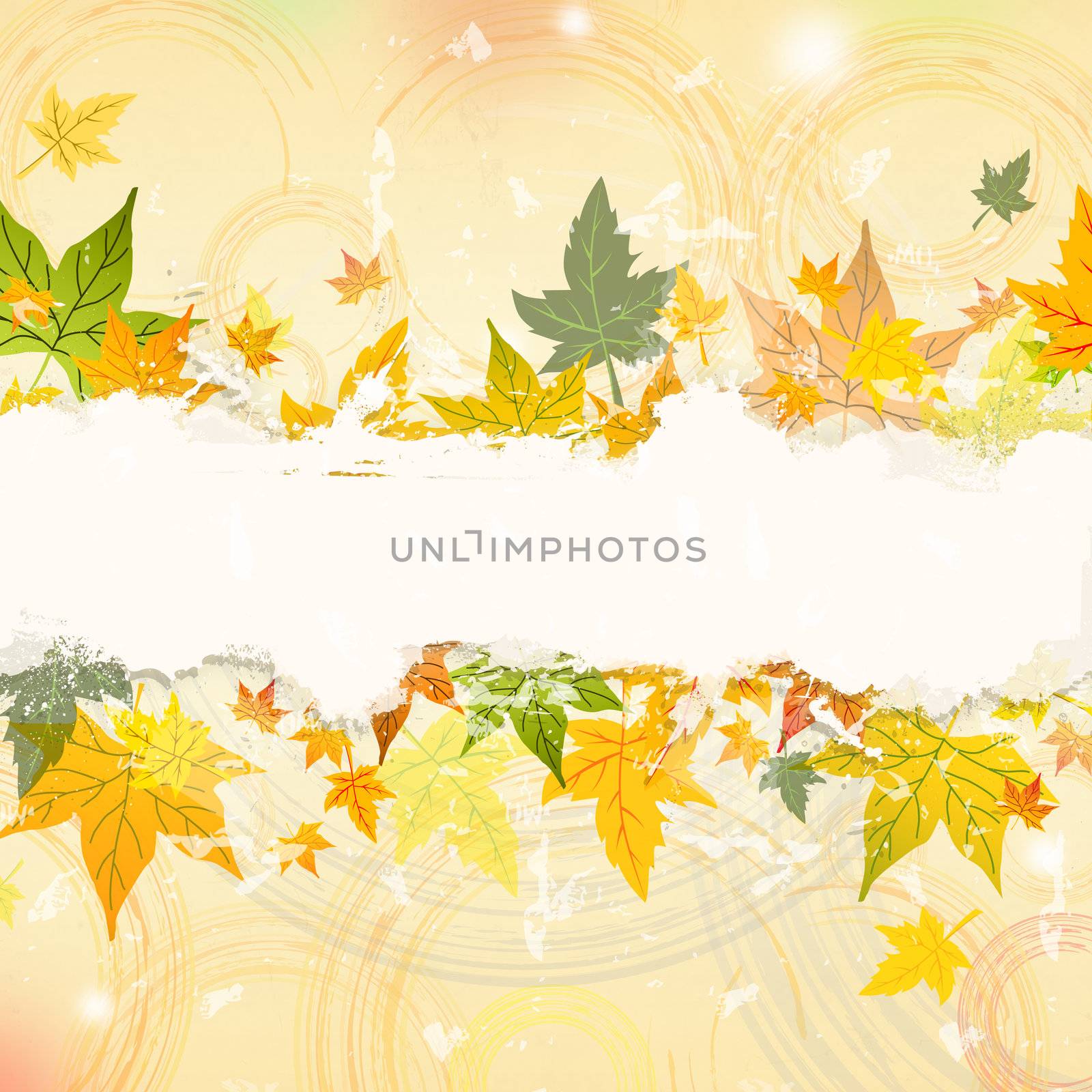 background with illustrated autumn leaves and abstract circles with text space