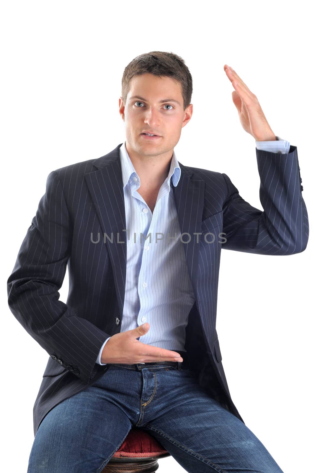young business man with movements of hands in front of white background