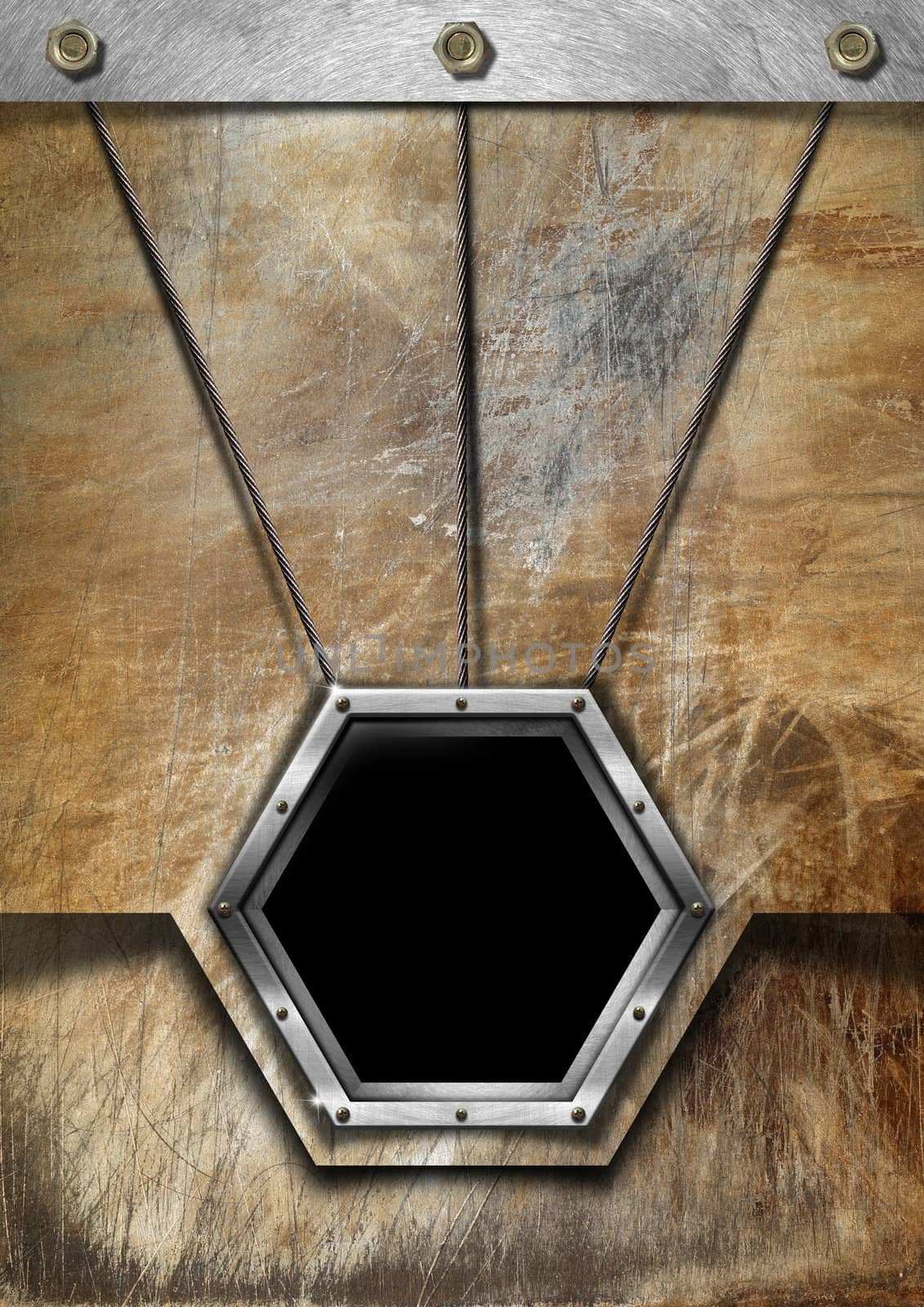 Brown and metal grungy business background with hexagonal frame
