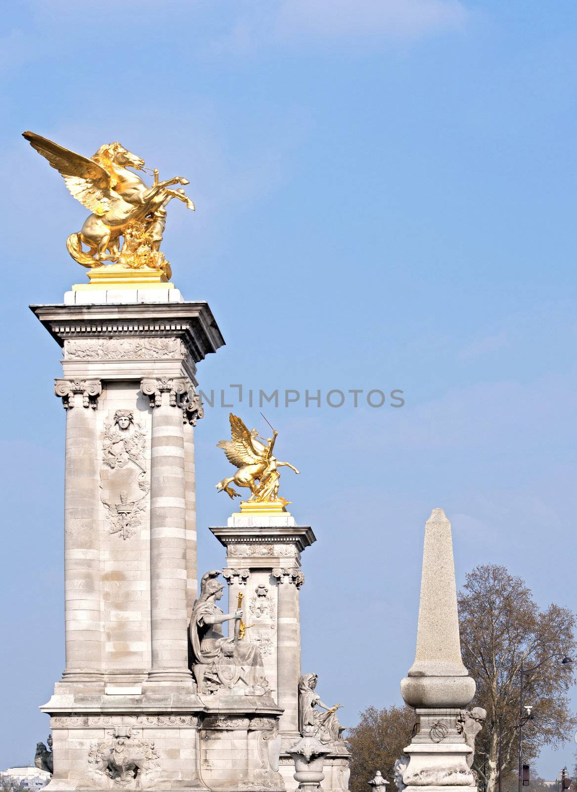 Panorama of Golden Horse Statue in Paris with Blue Sky