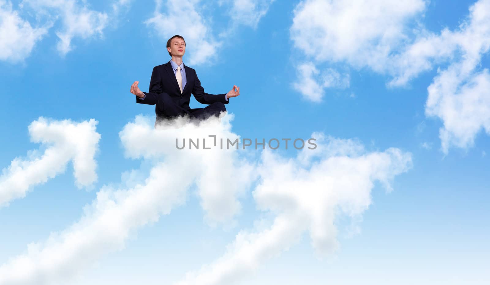 Businessman meditating sitting on the cloud by sergey_nivens