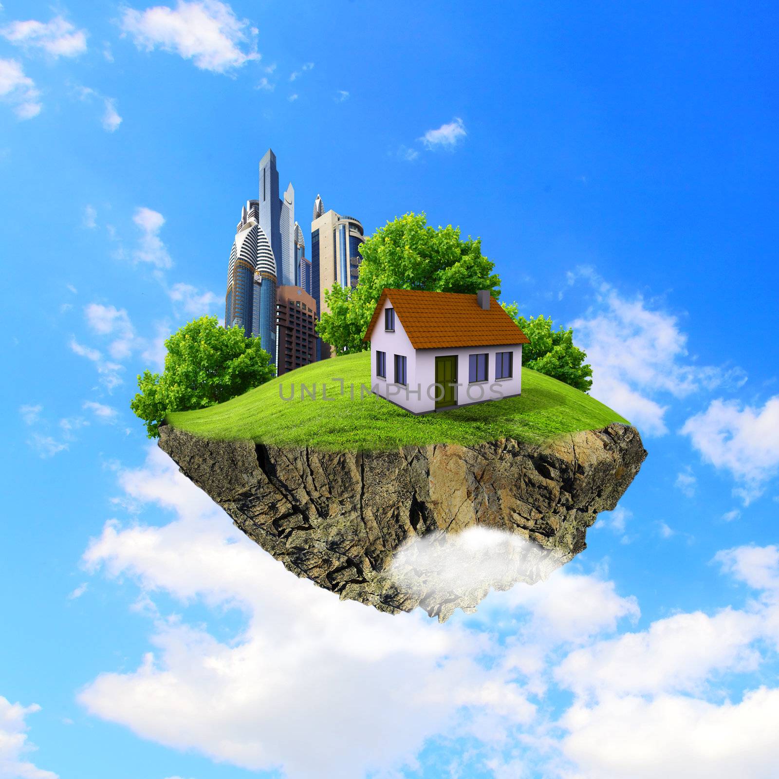 A piece of land in the air with house and tree. by sergey_nivens