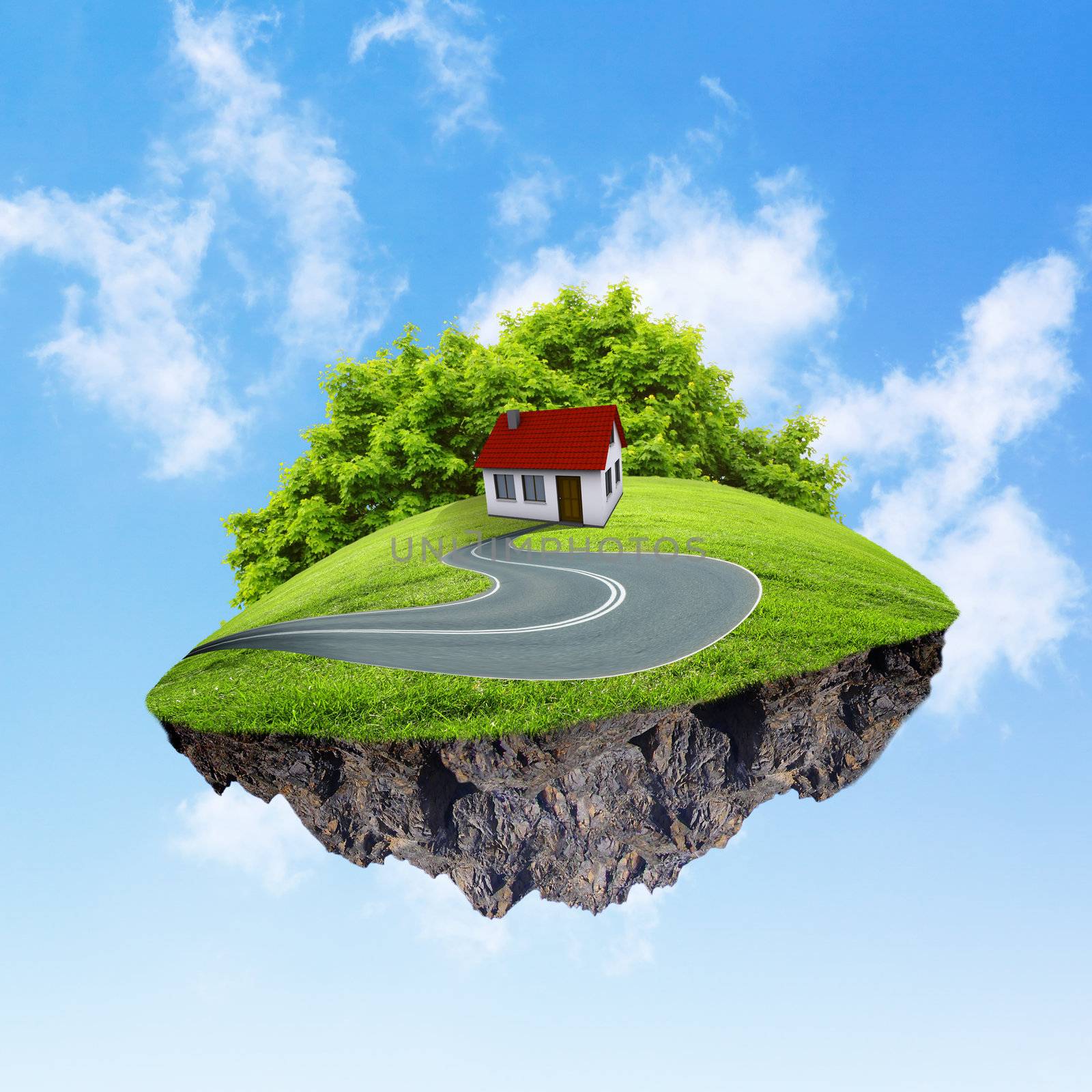 Little fine island / planet. A piece of land in the air. Lawn with house and tree. Pathway in the grass. Detailed ground in the base. Concept of success and happiness, idyllic ecological lifestyle