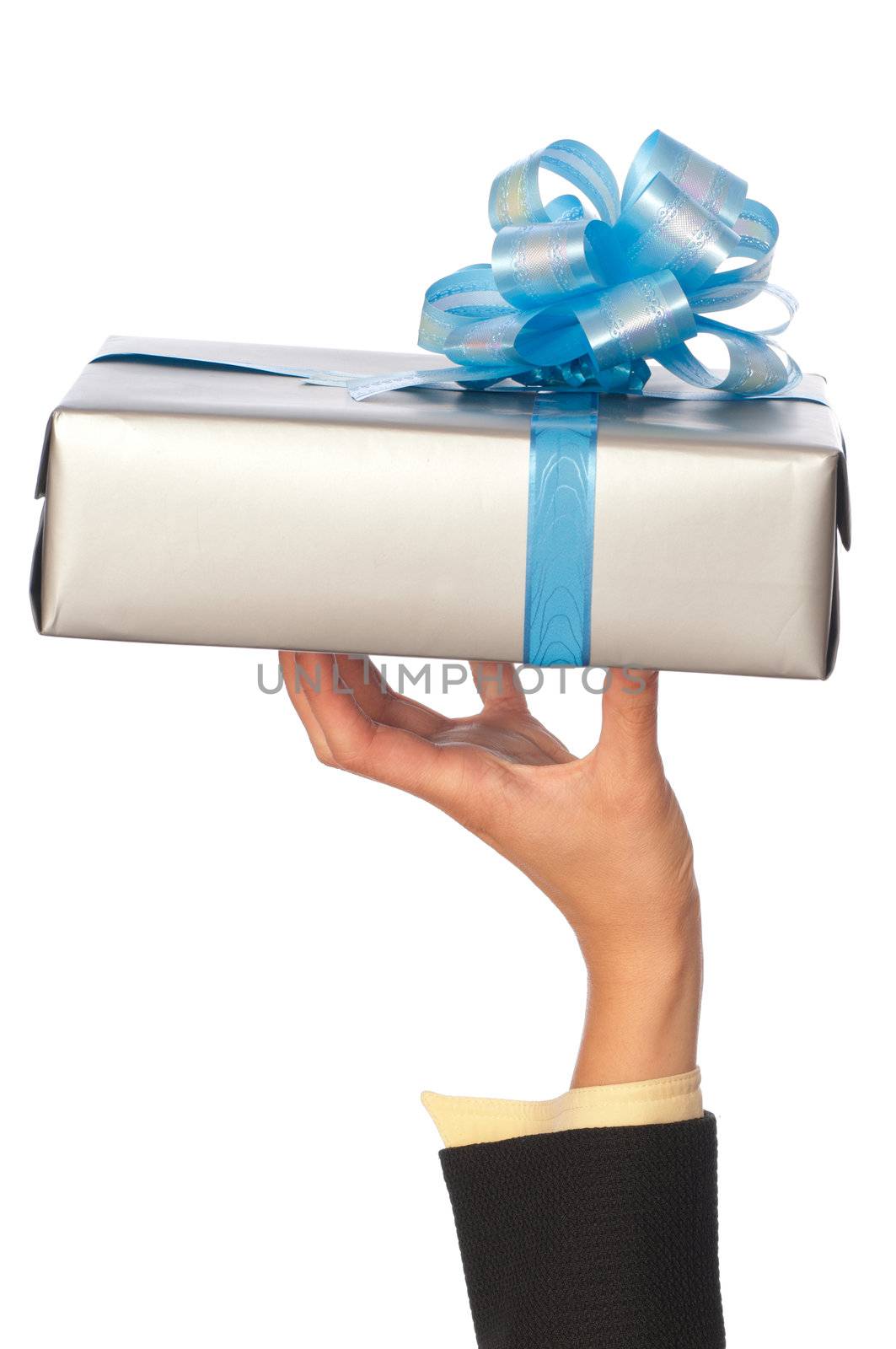 Woman holding a grey box with blue bow as a present