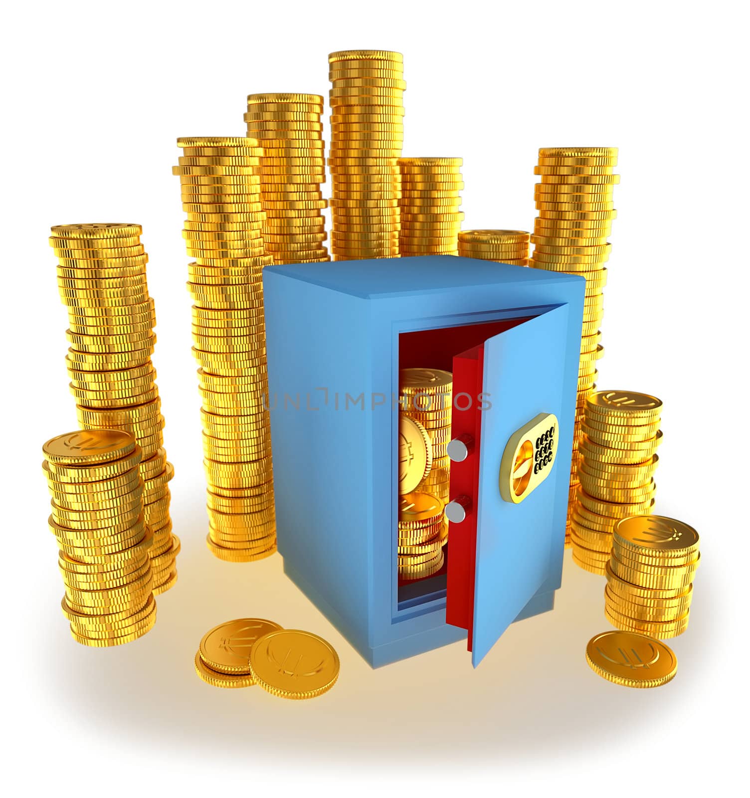 small safe for money with gold euro coins as a symbol of microcredit in banks and riskfree bank money storage