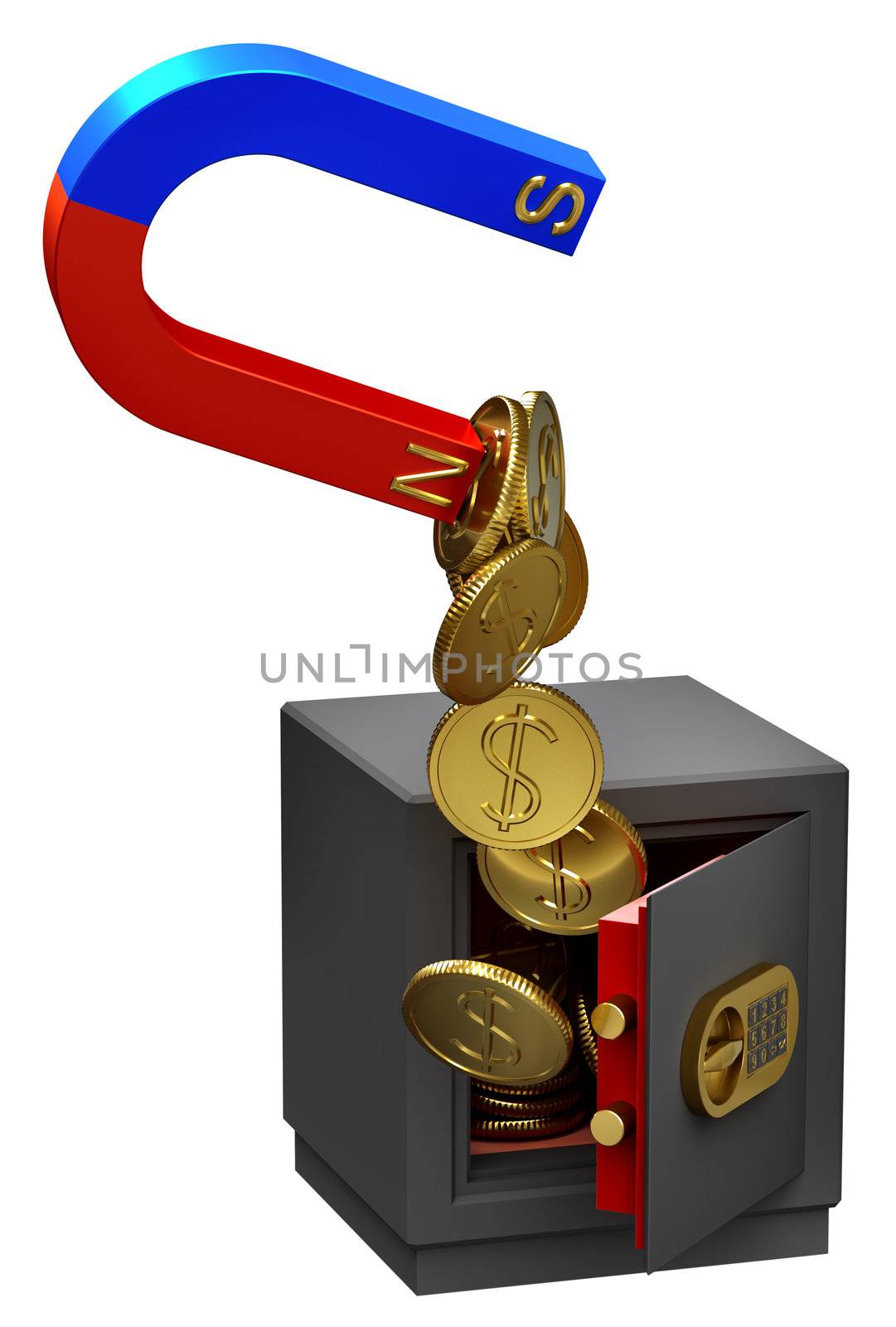 Magnet extracting gold coins as a symbol of funds confiscation from the troubled banks accounts