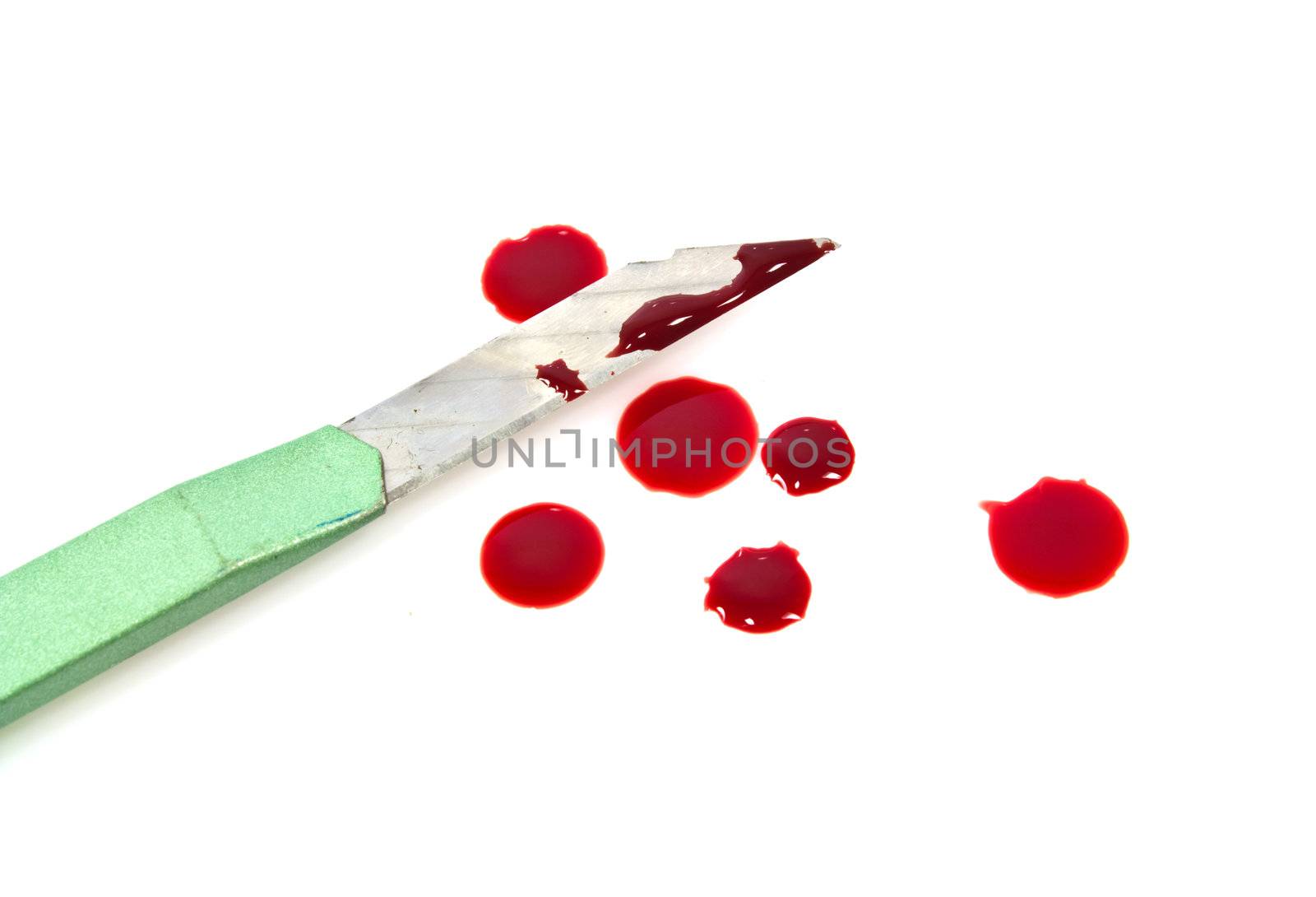 Green cutter knives and blood on white background