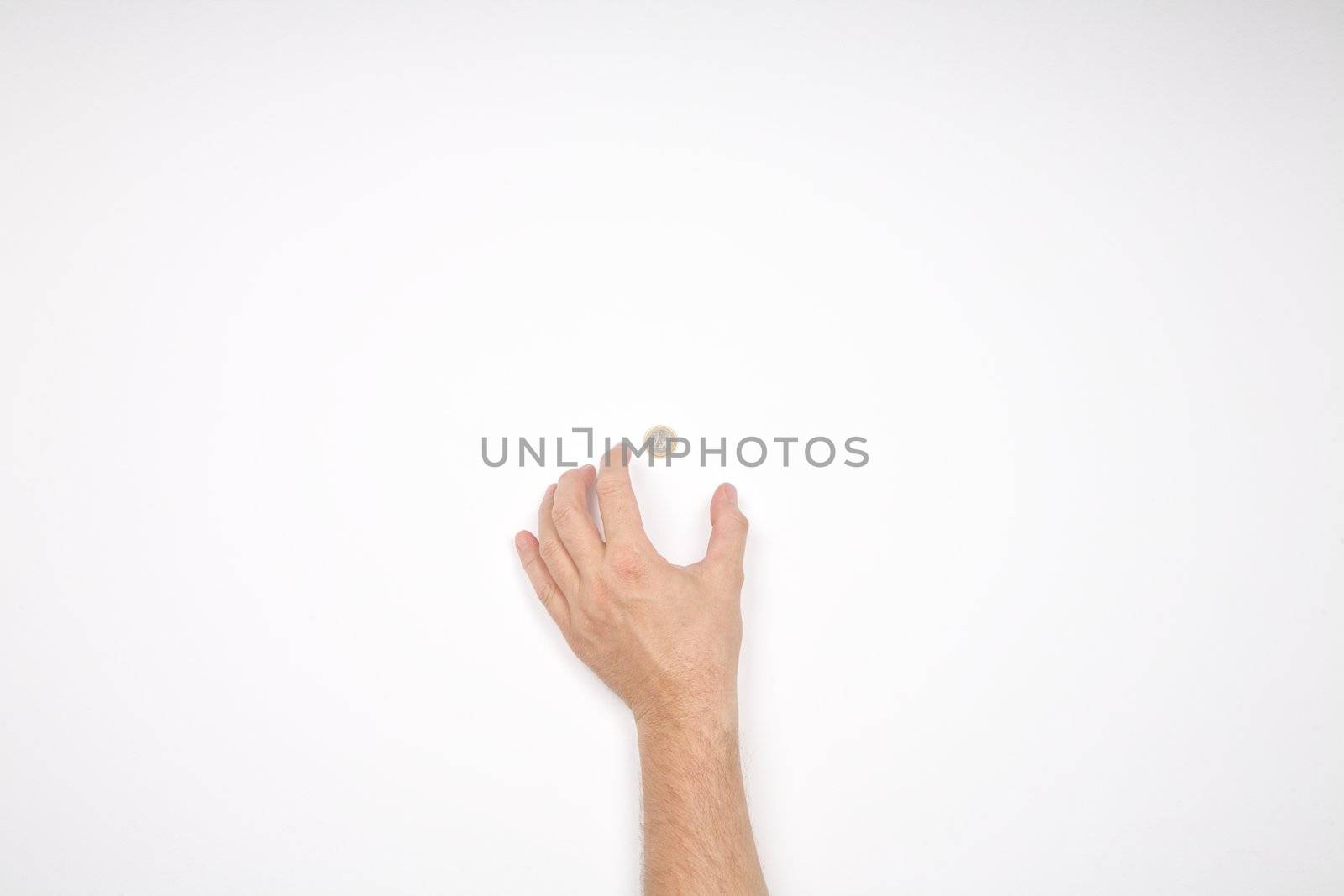 hand of man and one euro coin on white background