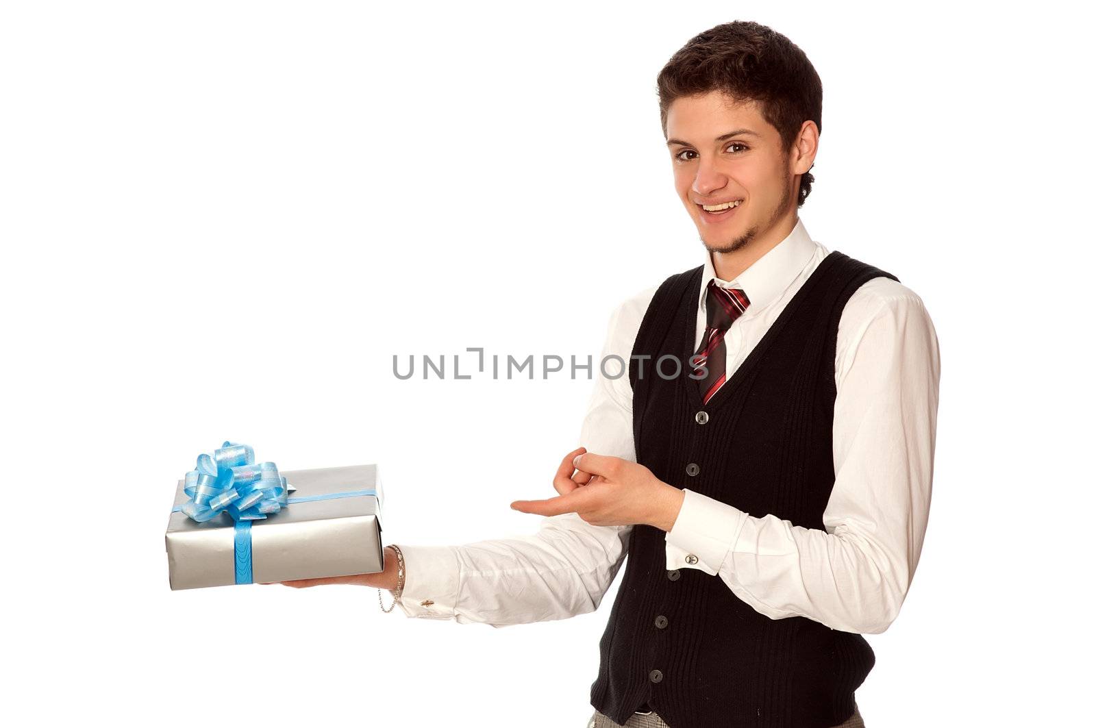 happy man holding in the hands the gray box with blue ribbon as a gift