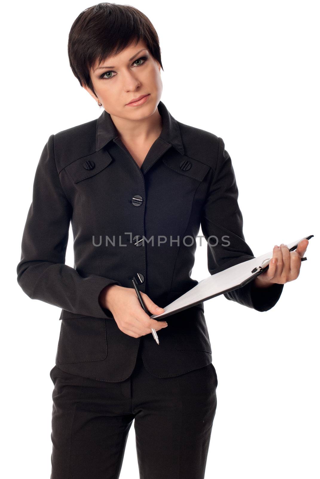 The manager with white blank paper in the hands making a presentation