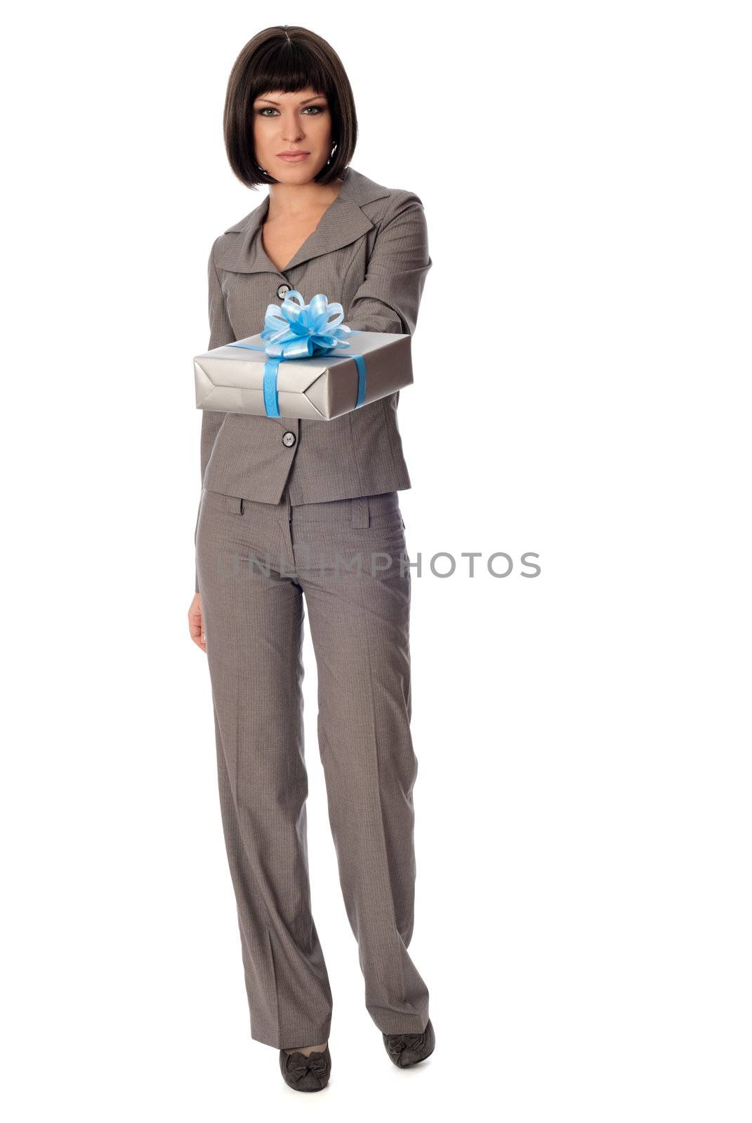 Woman holding a grey box with blue bow as a present