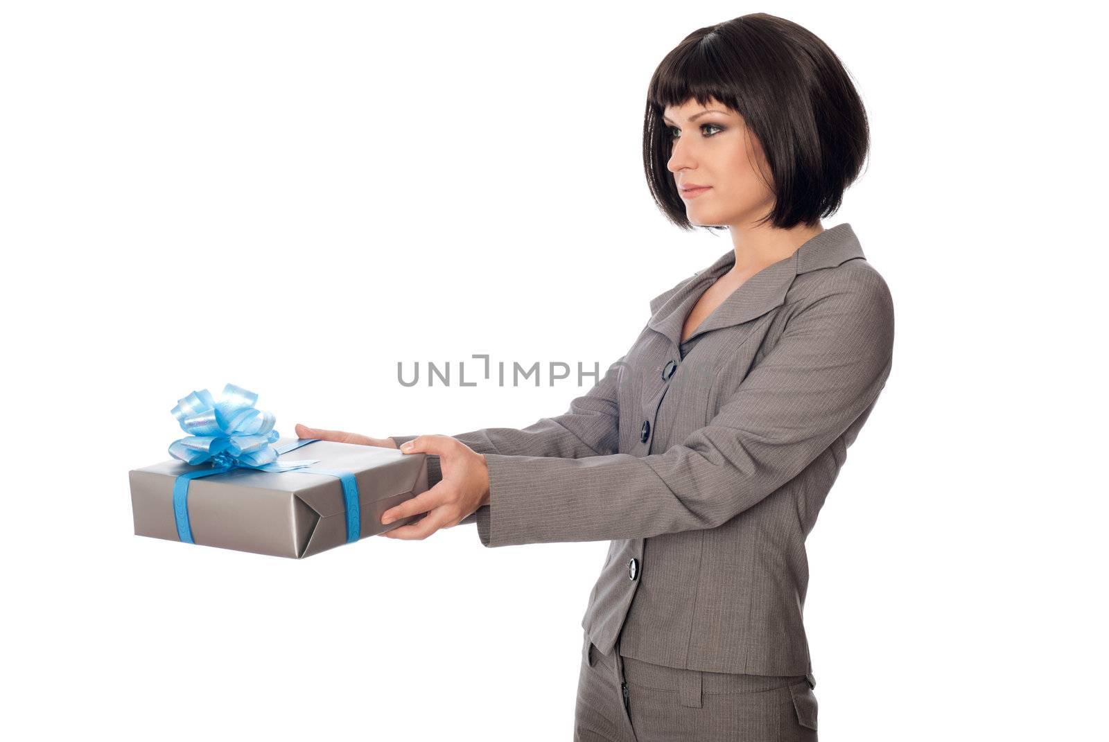 Woman holding a grey box with blue bow as a present