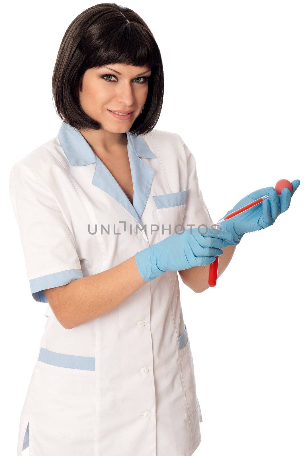 Doctor in blue gloves will be carry out research a samples of bloods at inhabitants of coast on availability of poisoning