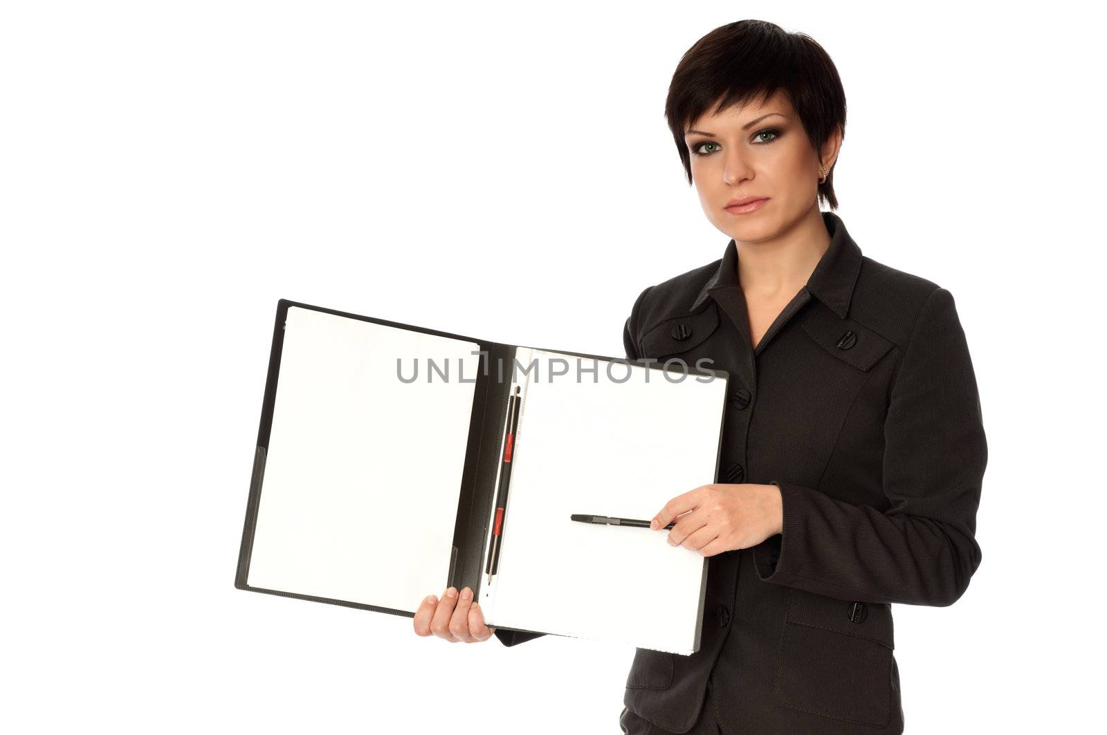 The manager with white blank paper in the hands making a presentation