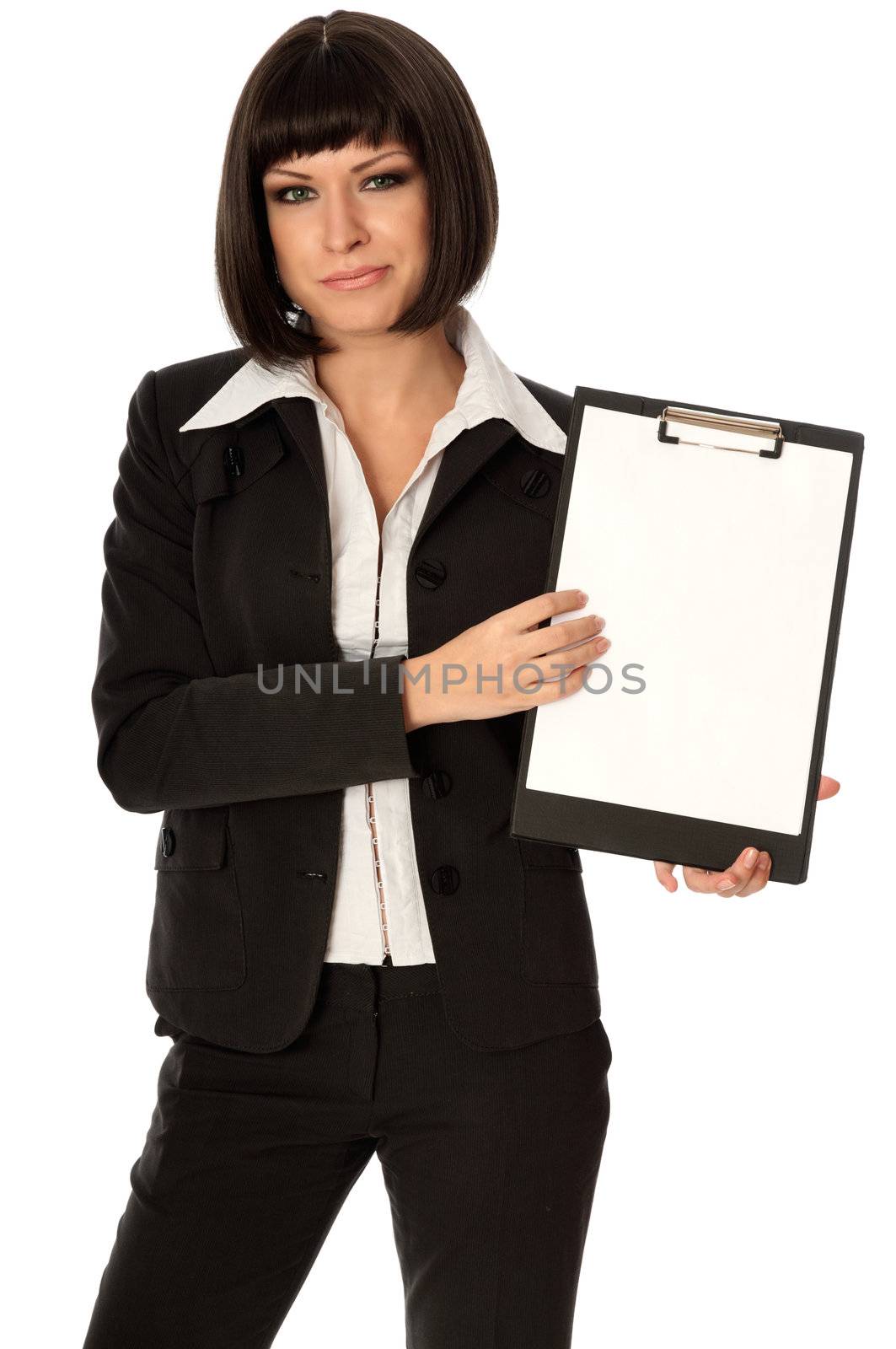 The manager with white blank paper in the hands making a presentation