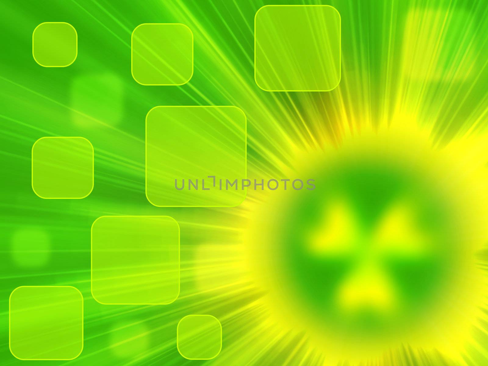 green background with rays of light and a source of radiation in the form of a blurred symbol of radiation