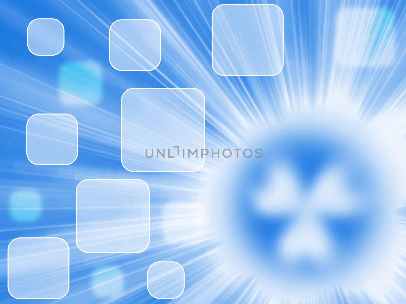 Blue background with rays of light and a source of radiation in the form of a blurred symbol of radiation