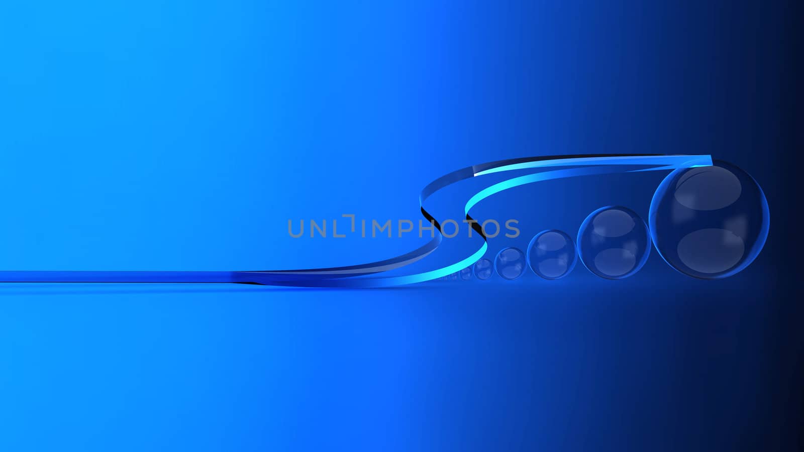 glass beads of various sizes under the curved decorative glass on a blue background