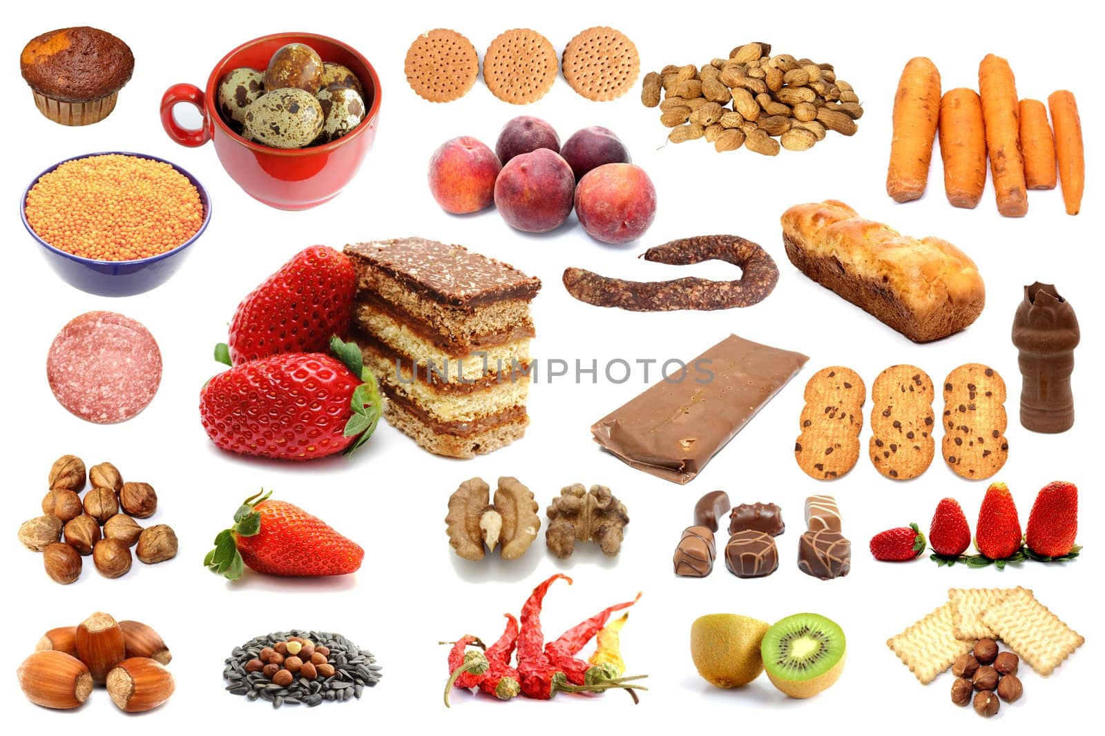 collection of different types of food over white background