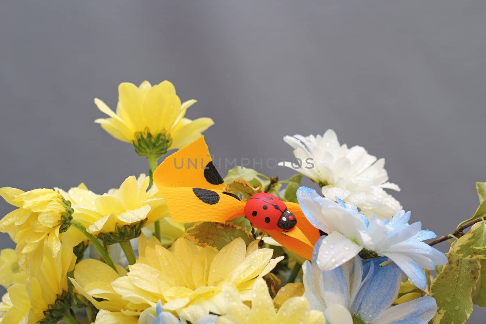 closeup of beautiful arrangement with yellow flowers and ladybug