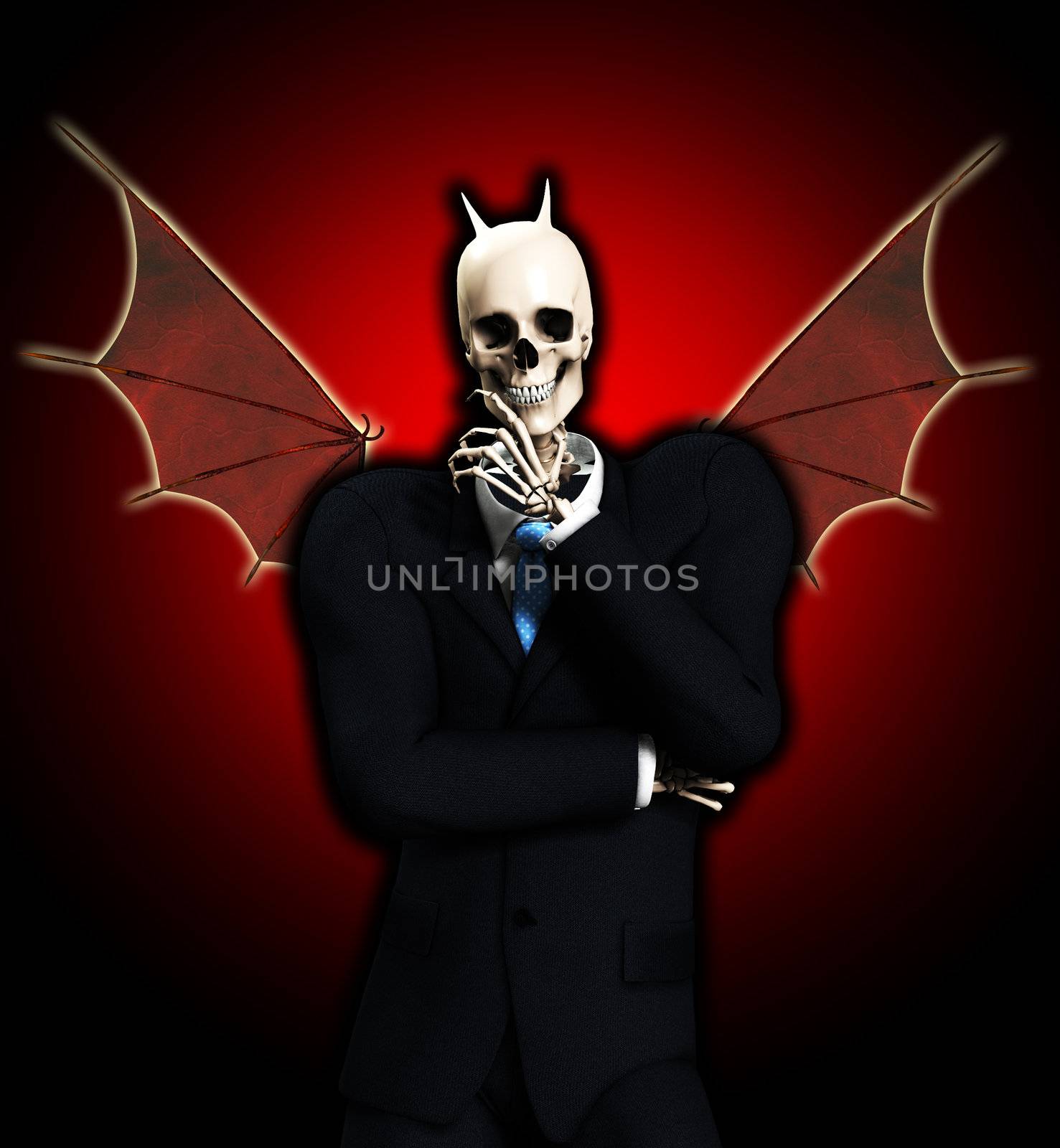 A very evil looking skeletal devil Businessman.