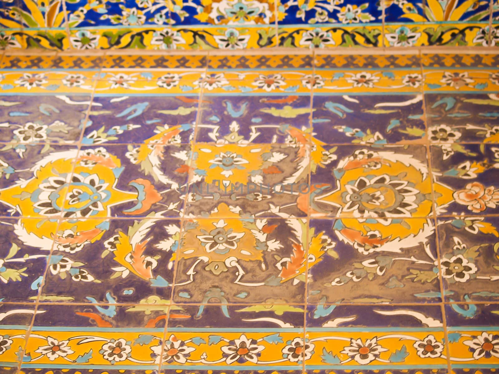 Closeup colorful floor tiles in historical building, Ali Qapu in Isfahan, Iran