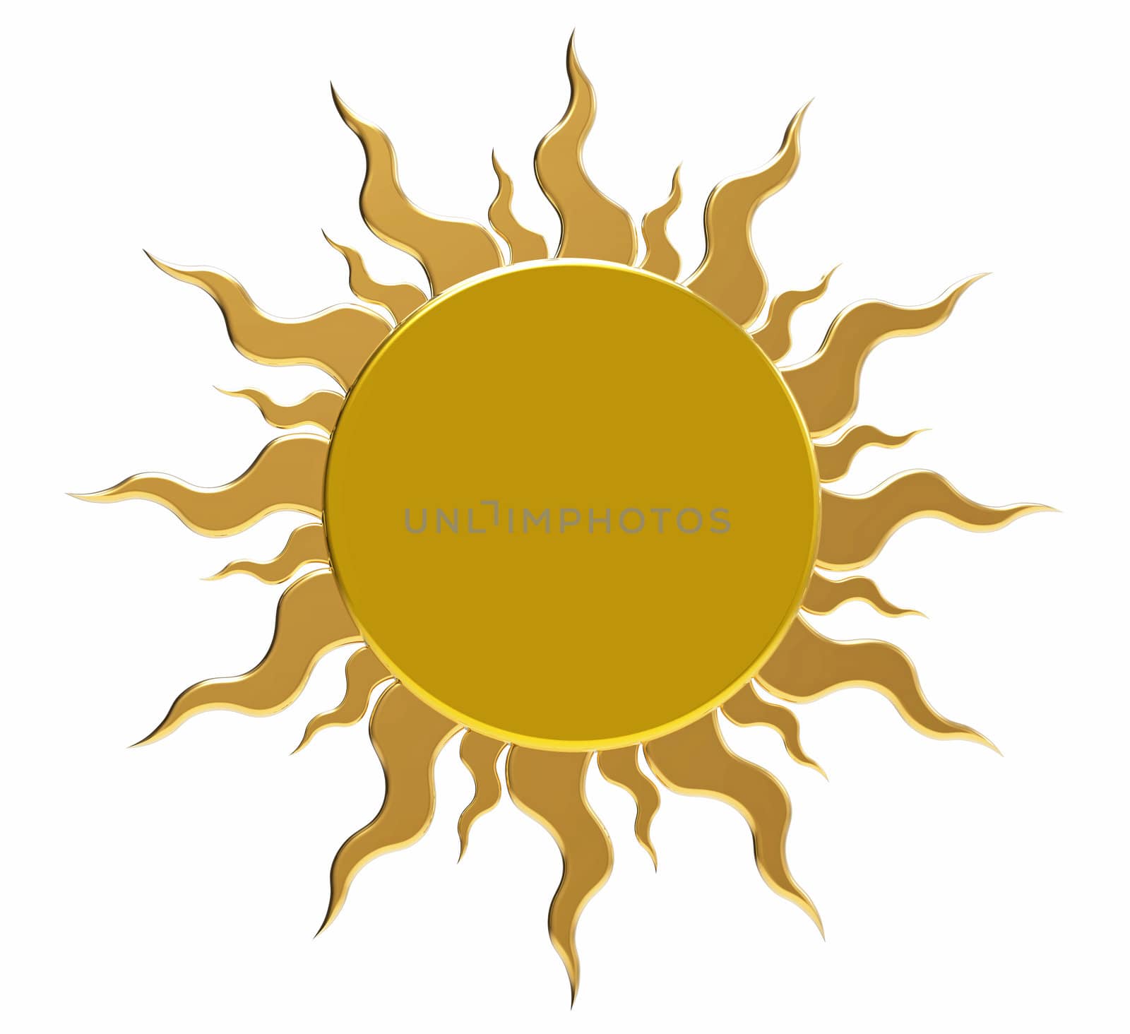 Golden sun, isolated on white, 3d render