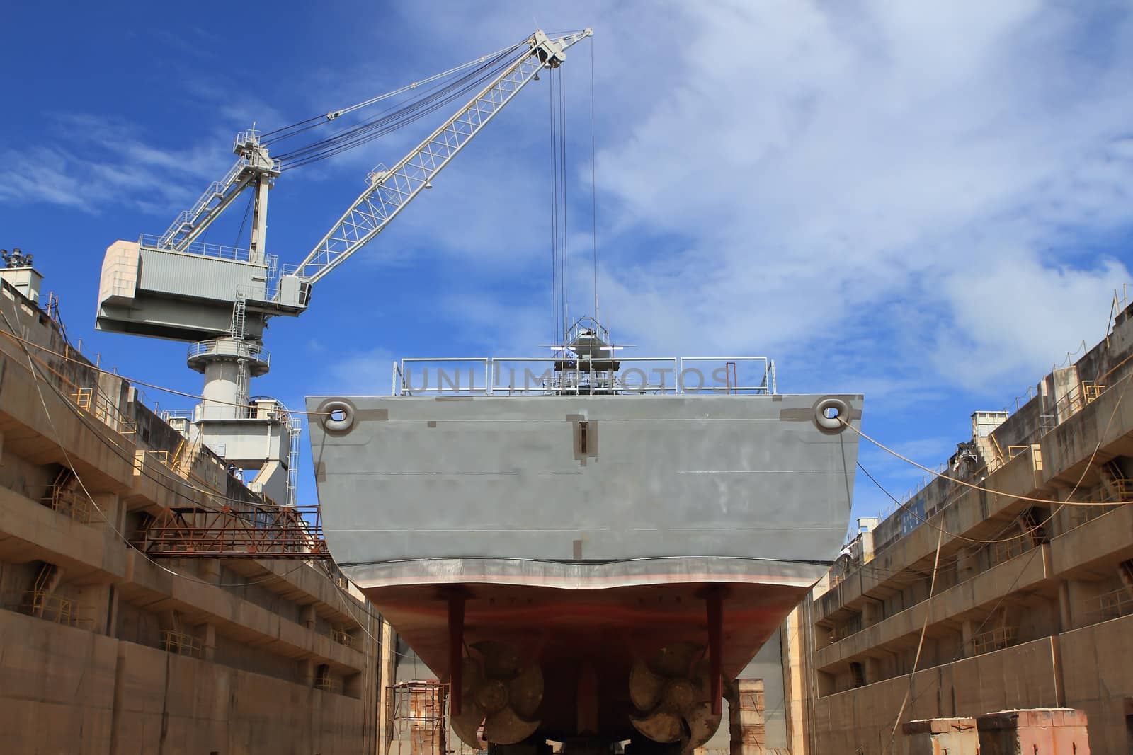 The ship in the dry dock during the overhaul