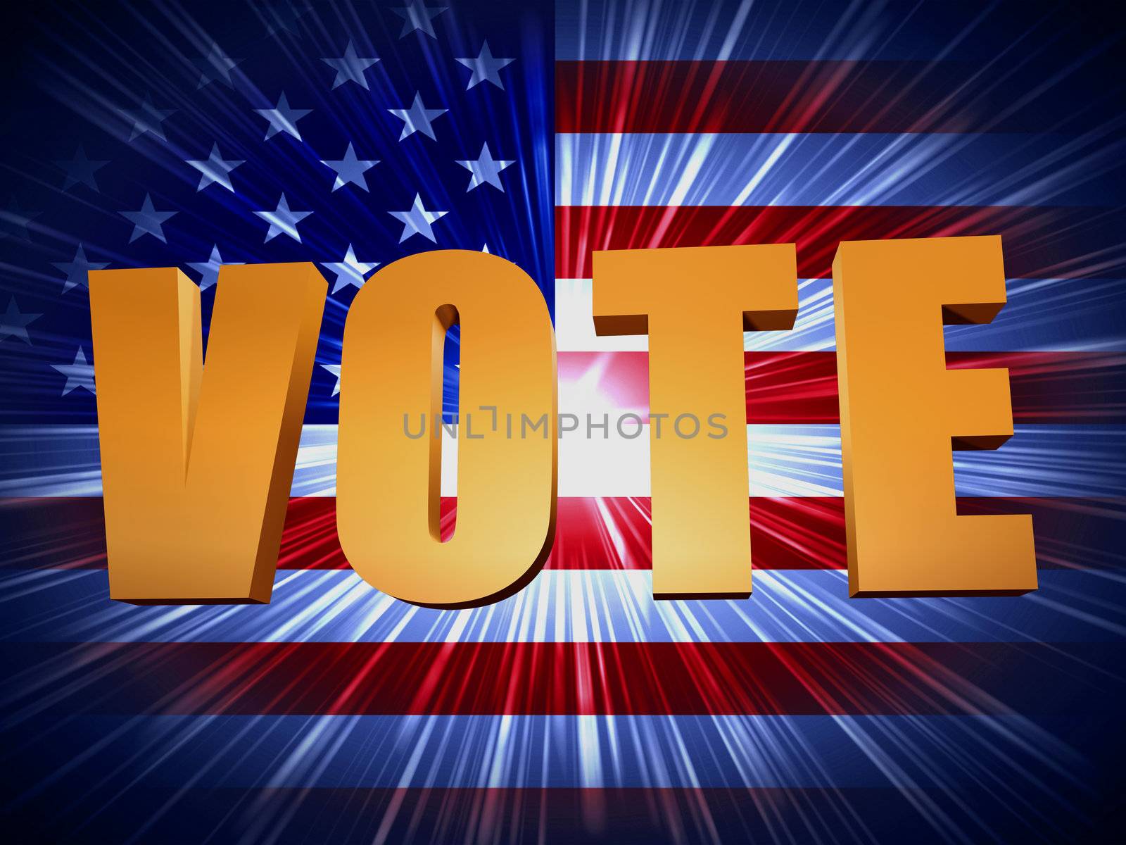 3d golden word vote with shining american flag