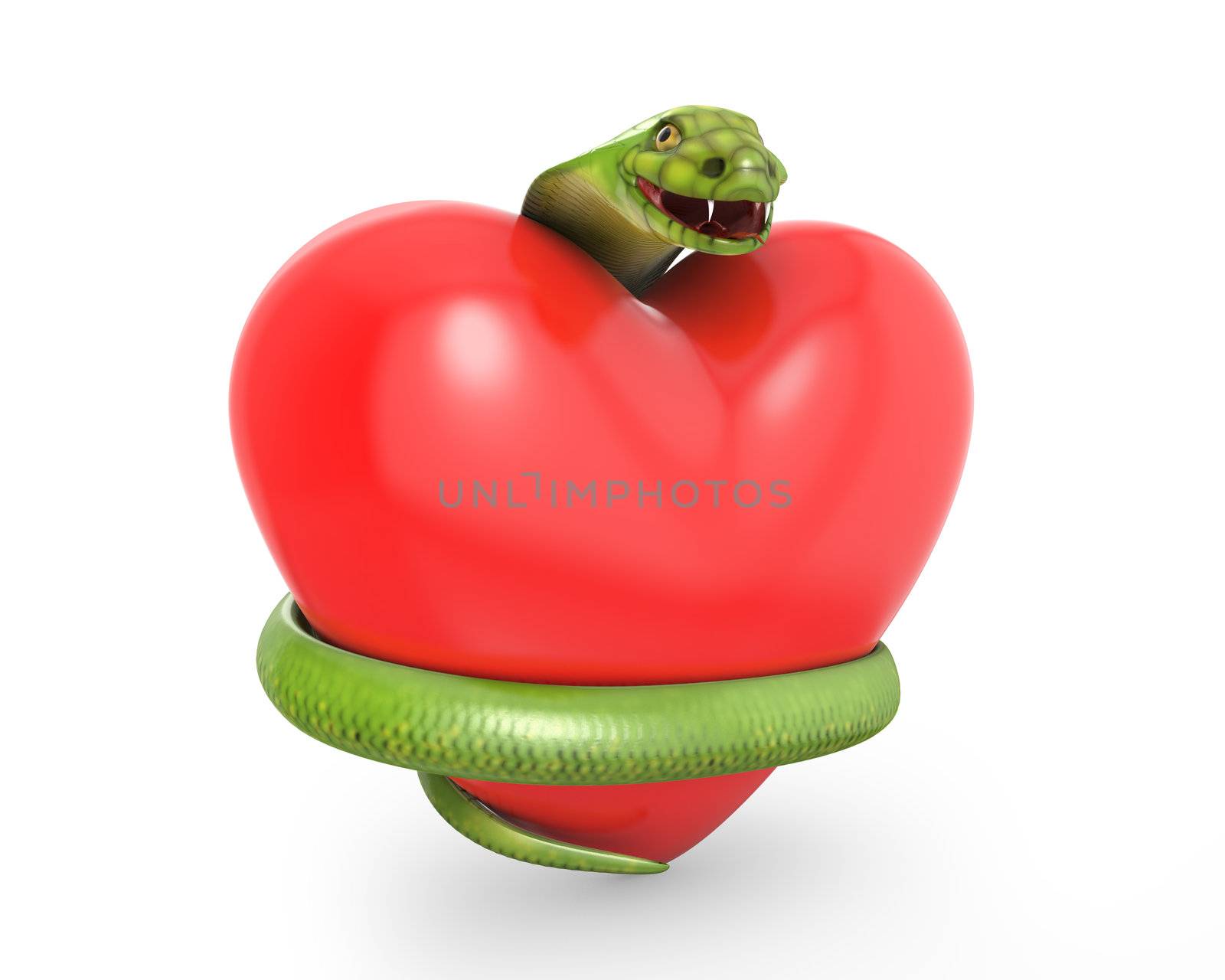 Green cobra on a red heart, isolated on white background