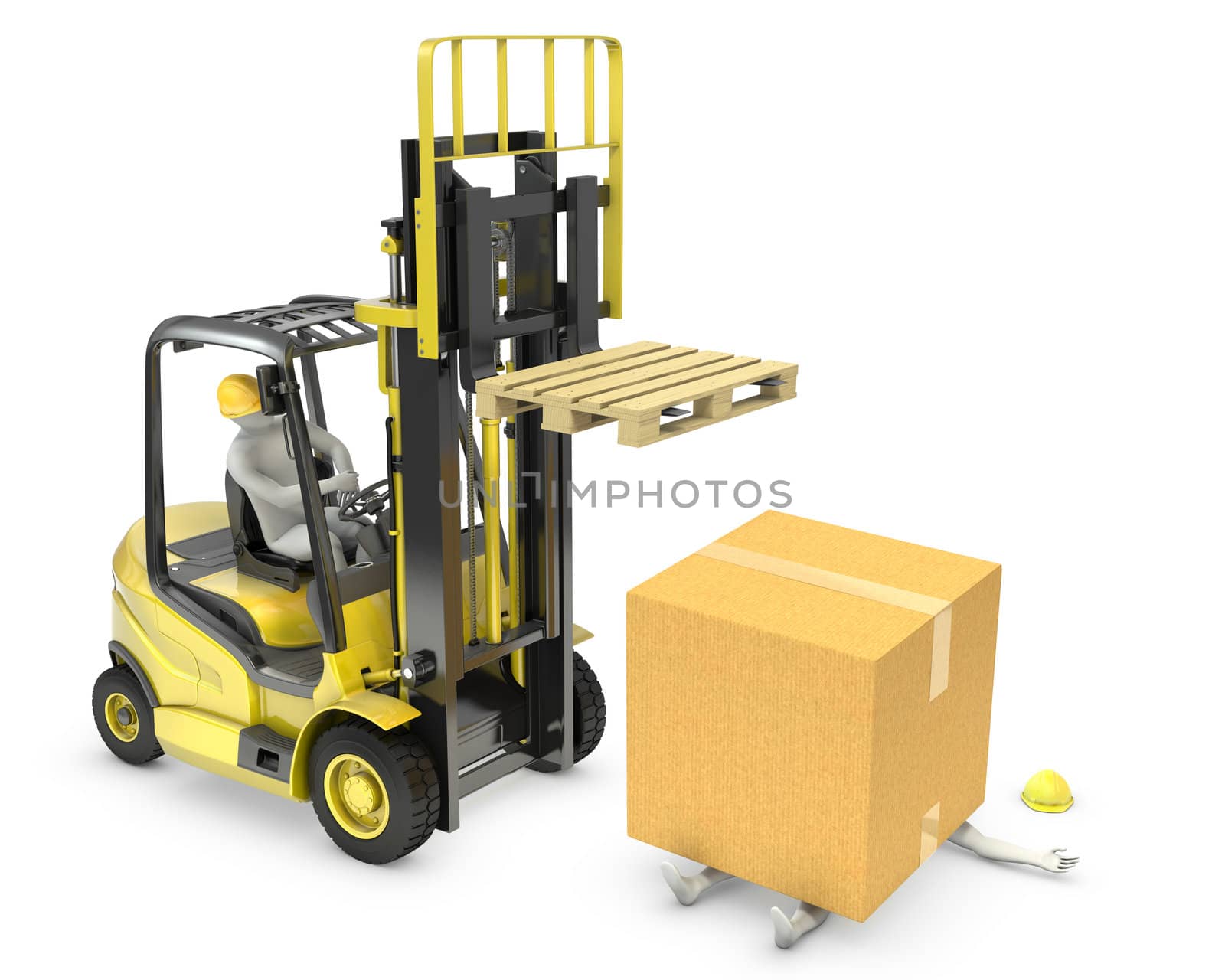 Worker was hit by cardoard falling from lift truck fork, isolated on white background