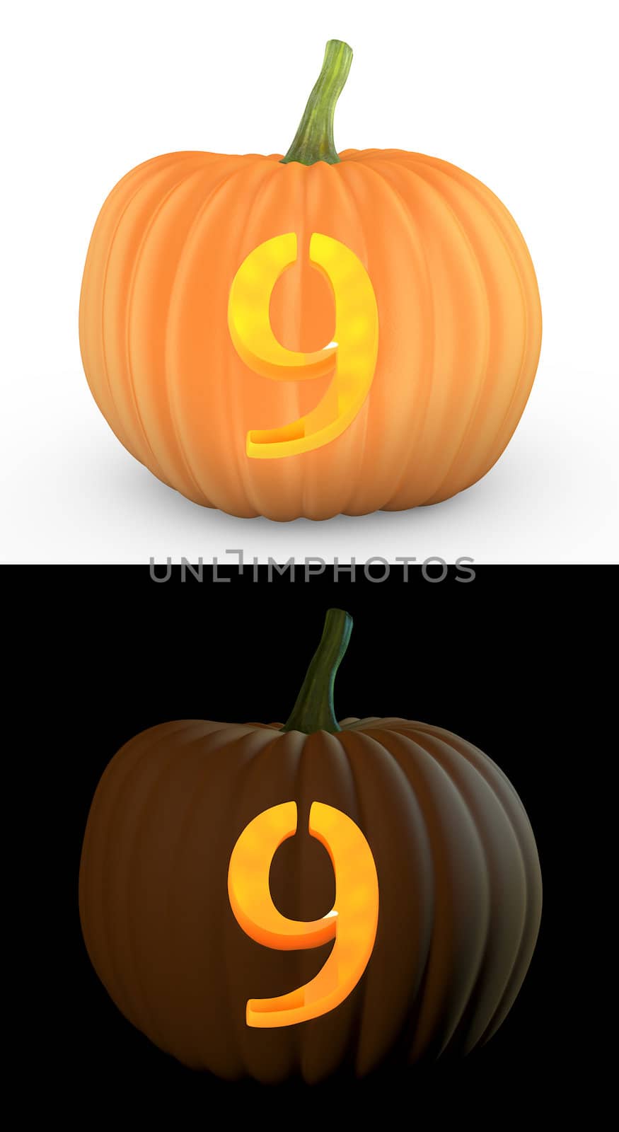 Number 9 carved on pumpkin jack lantern isolated on and white background