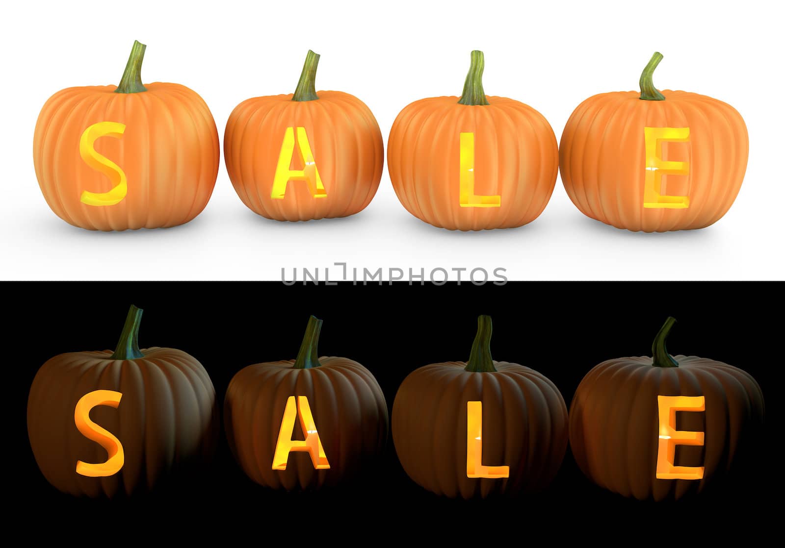 Sale text carved on pumpkin jack lantern isolated on and white background